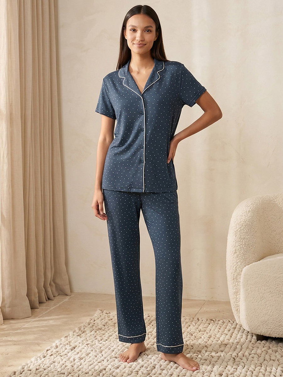 Viscose Pyjama Set with Button-Down Shirt and Trousers