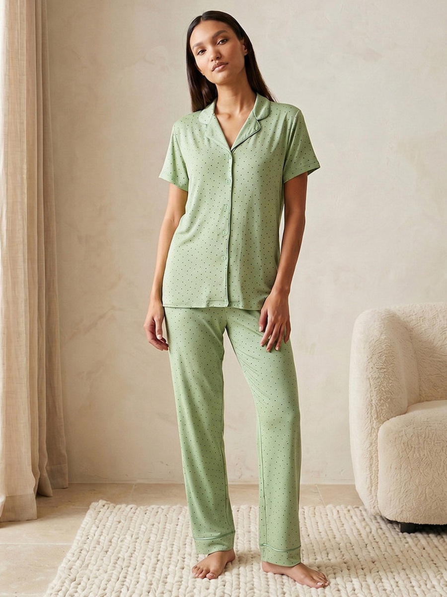 Viscose Pyjama Set with Button-Down Shirt and Trousers