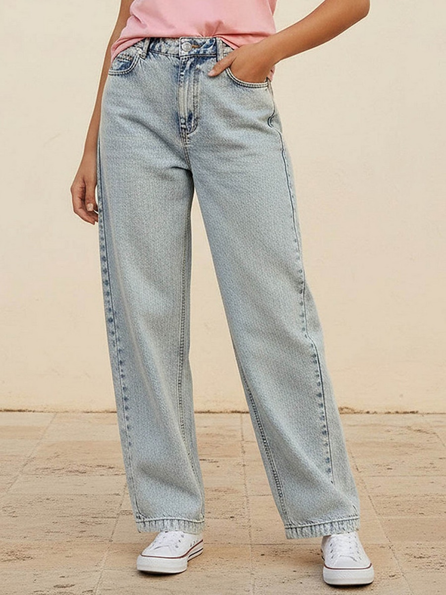 بنطلون جينز قطن واسع الساق بخصر أزرار وجيوب من لي كوبر