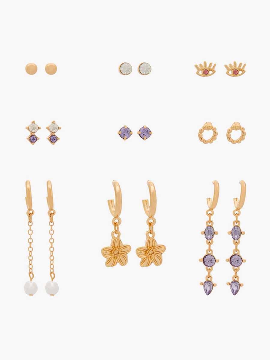 Pack of 9 Gold Tone Assorted Earrings with Pushback Closure