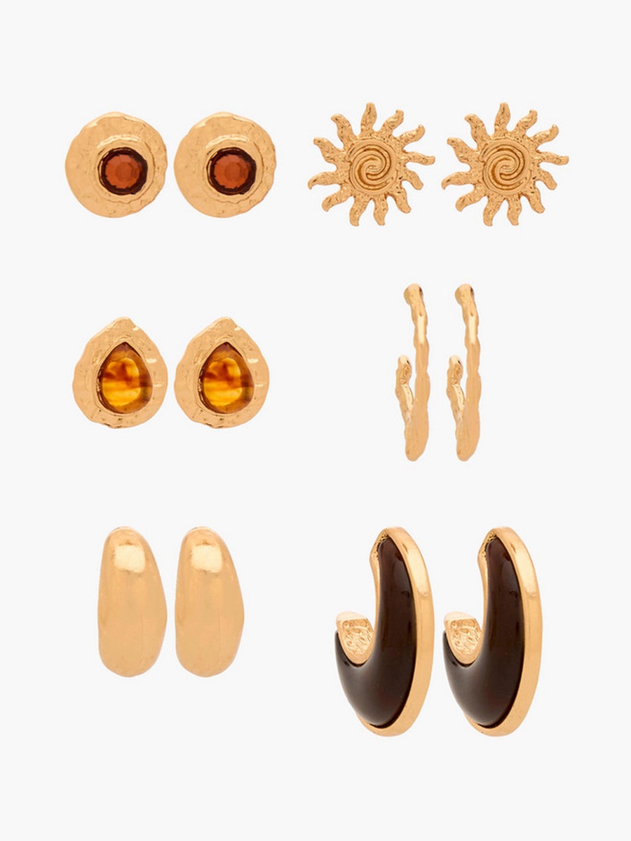 Pack of 6 Gold Tone Stud and Hoop Earrings with Pushback Closure