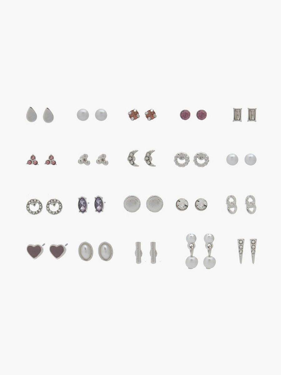 Pack of 20 Silver Tone Embellished Stud Earrings with Pushback Closure