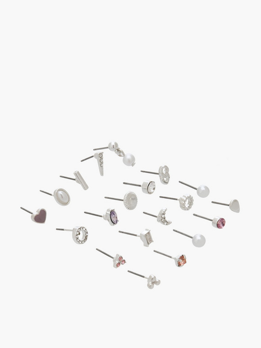 Pack of 20 Silver Tone Embellished Stud Earrings with Pushback Closure