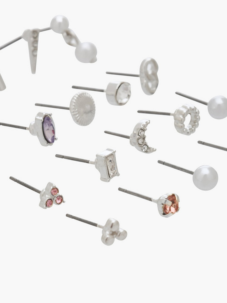 Pack of 20 Silver Tone Embellished Stud Earrings with Pushback Closure