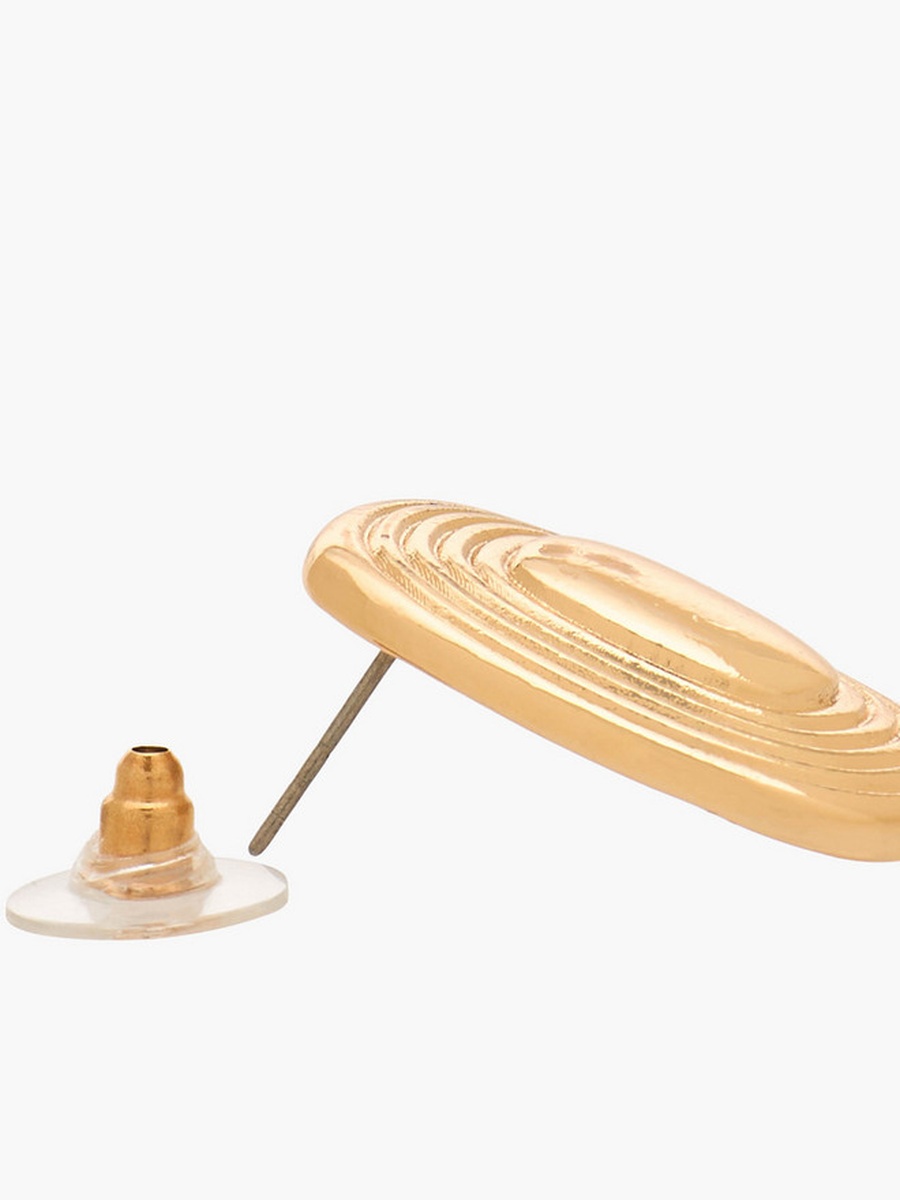 Gold Tone Ribbed Stud Earrings with Pushback Closure