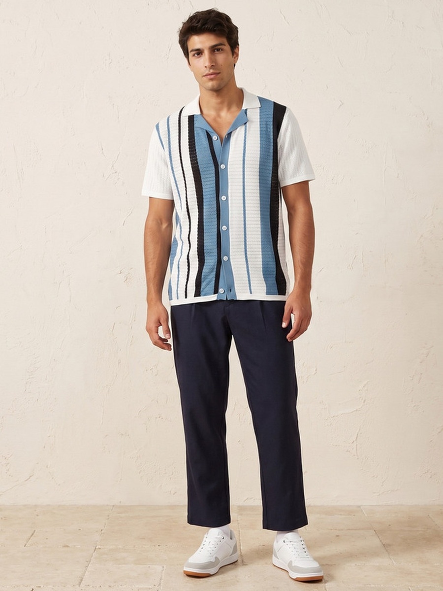 Camp Collar Striped Short Sleeves Shirt