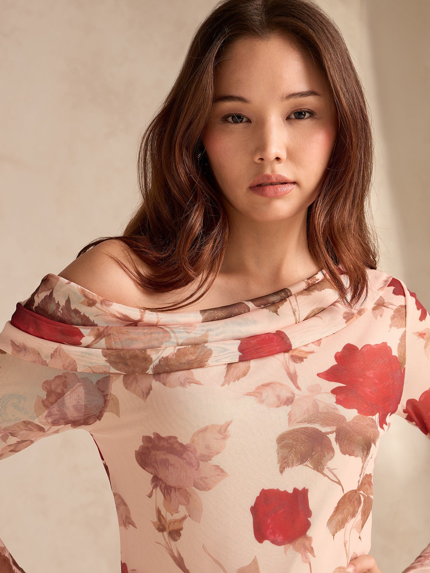 Beige Long Sleeve Floral Mesh Off-Shoulder Top