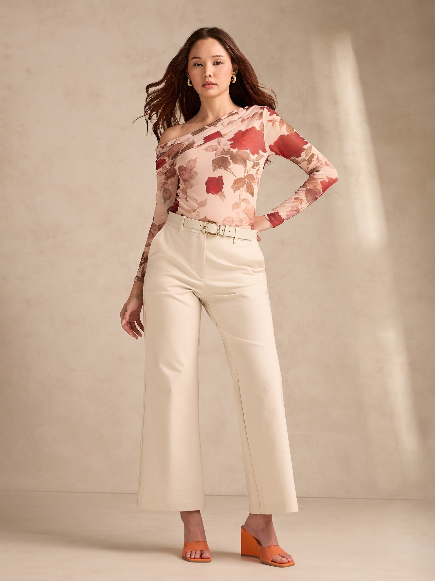 Beige Long Sleeve Floral Mesh Off-Shoulder Top
