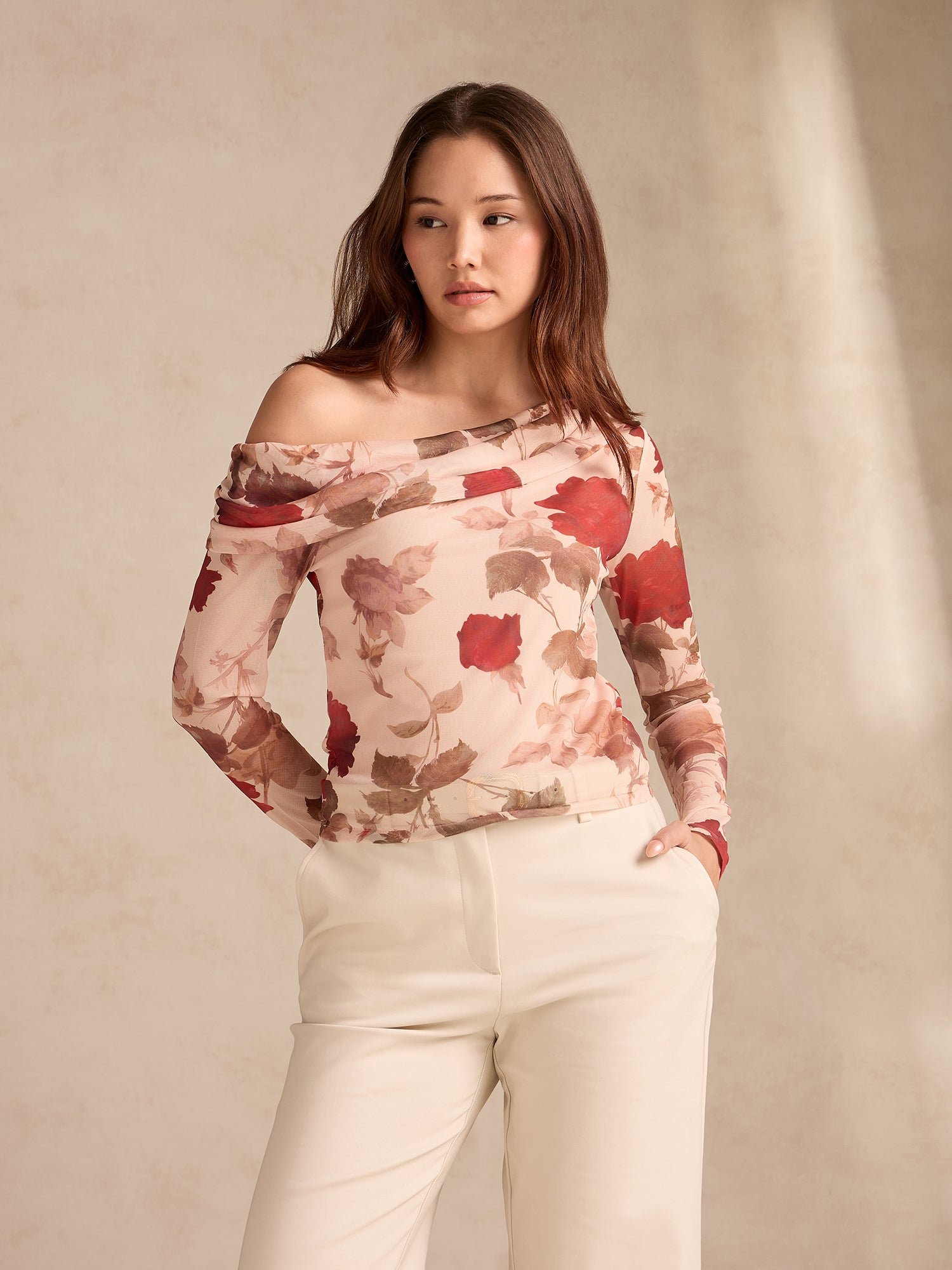 Beige Long Sleeve Floral Mesh Off-Shoulder Top