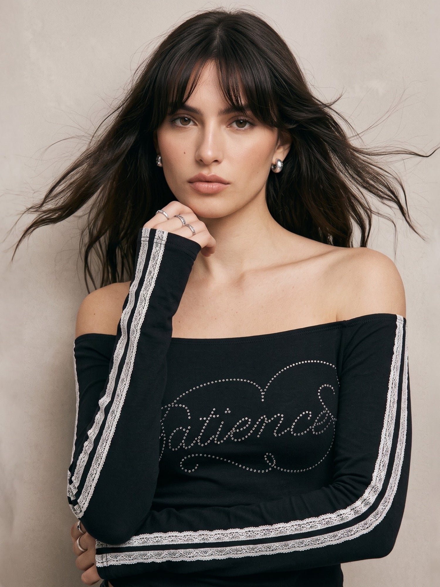 Black Off-Shoulder Long Sleeve T-Shirt with Graphic Print