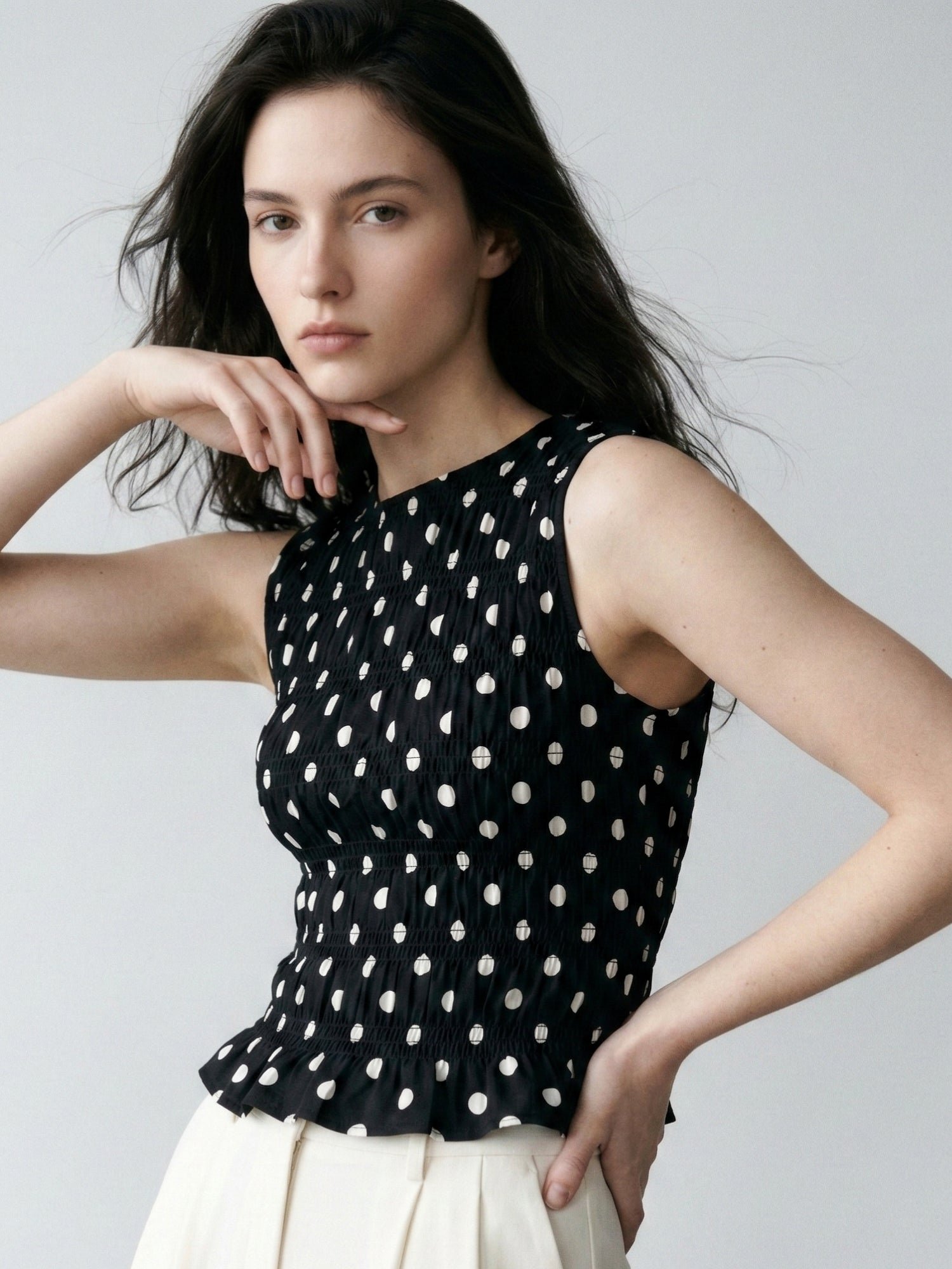 Sleeveless Black Polka Dot Shirred Top