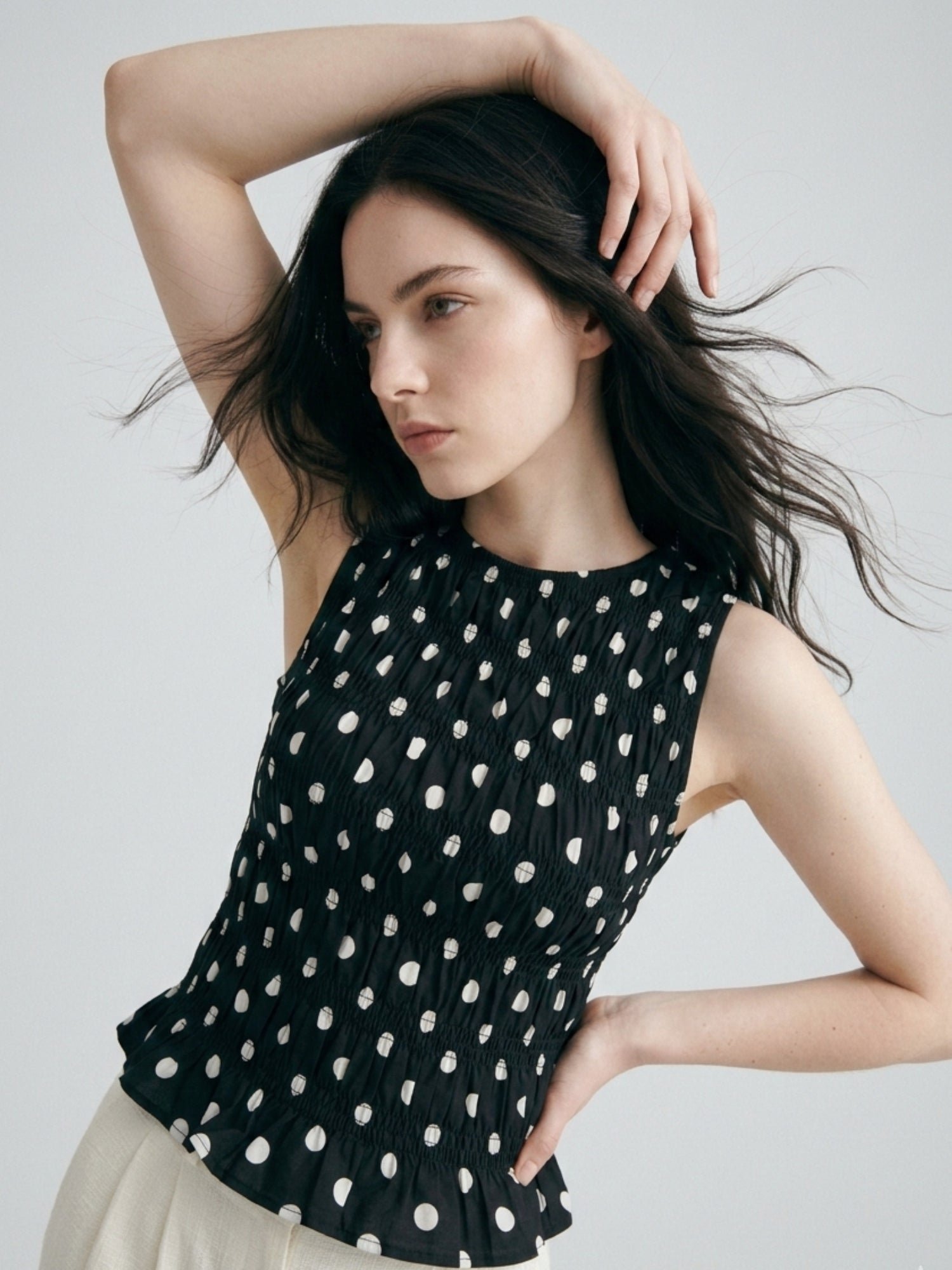 Sleeveless Black Polka Dot Shirred Top