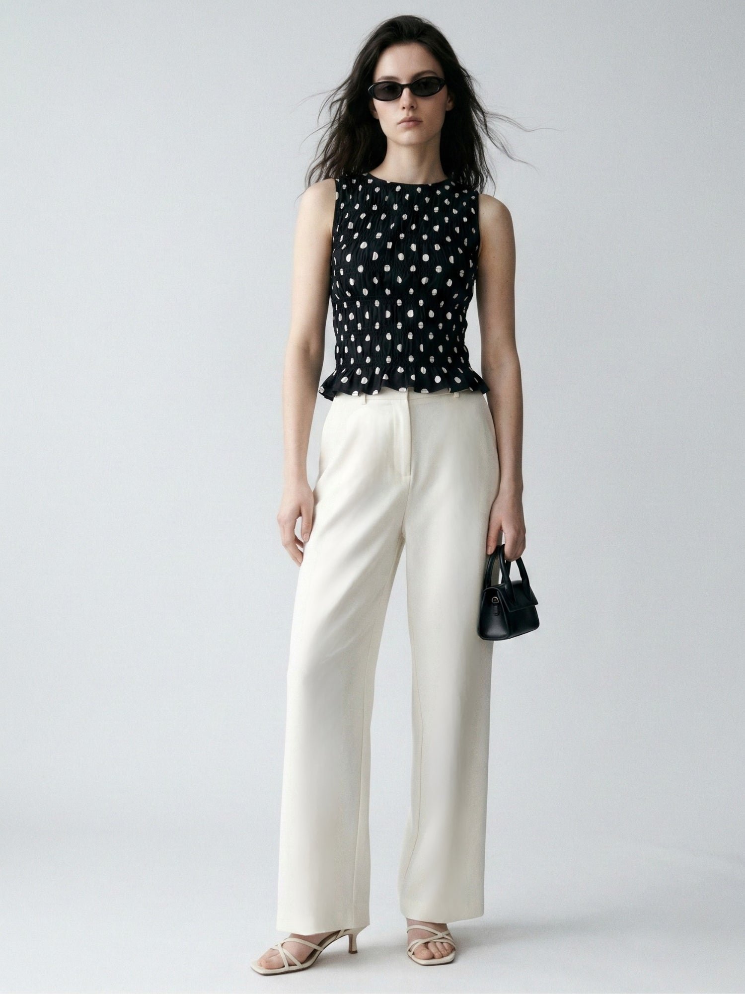 Sleeveless Black Polka Dot Shirred Top