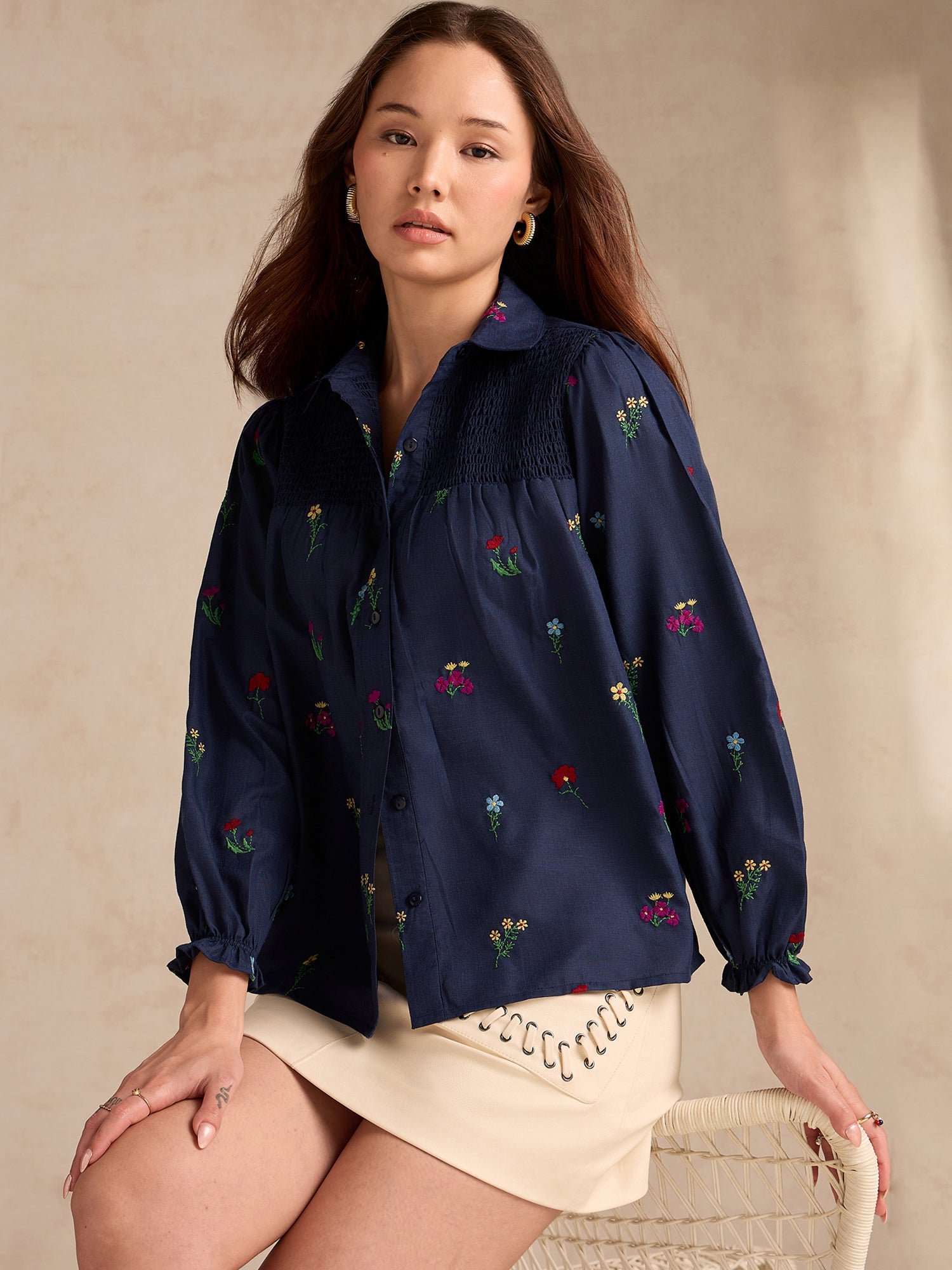 Navy Blue Embroidered Long Sleeve Shirt with Smocked Yoke