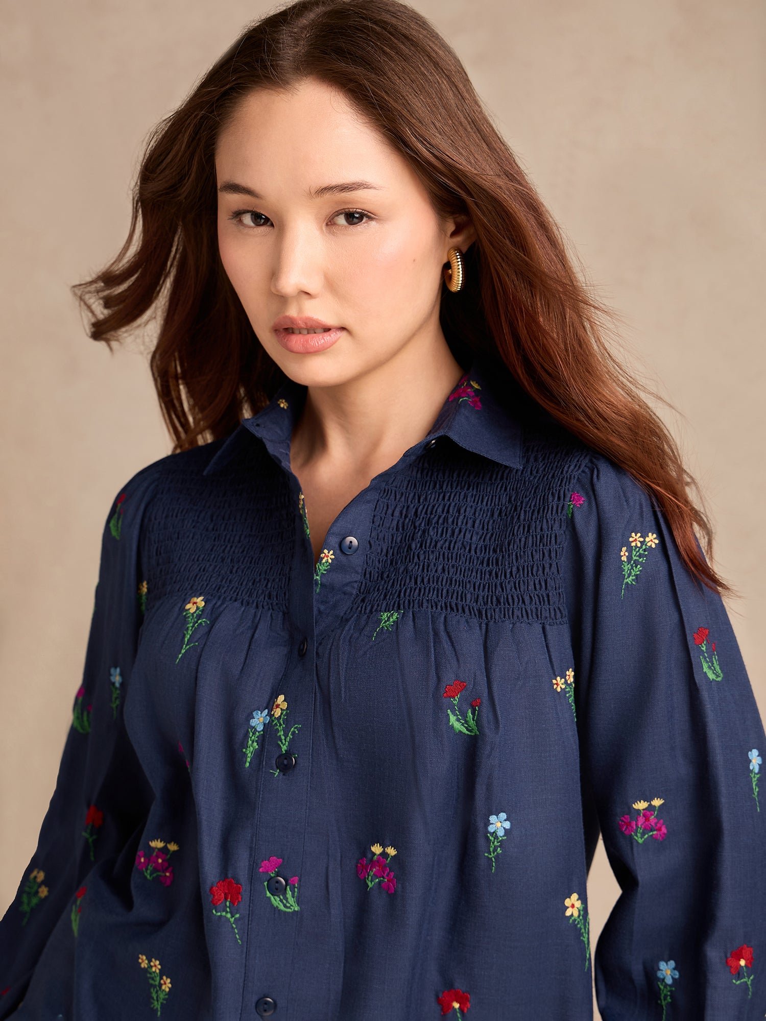 Navy Blue Embroidered Long Sleeve Shirt with Smocked Yoke