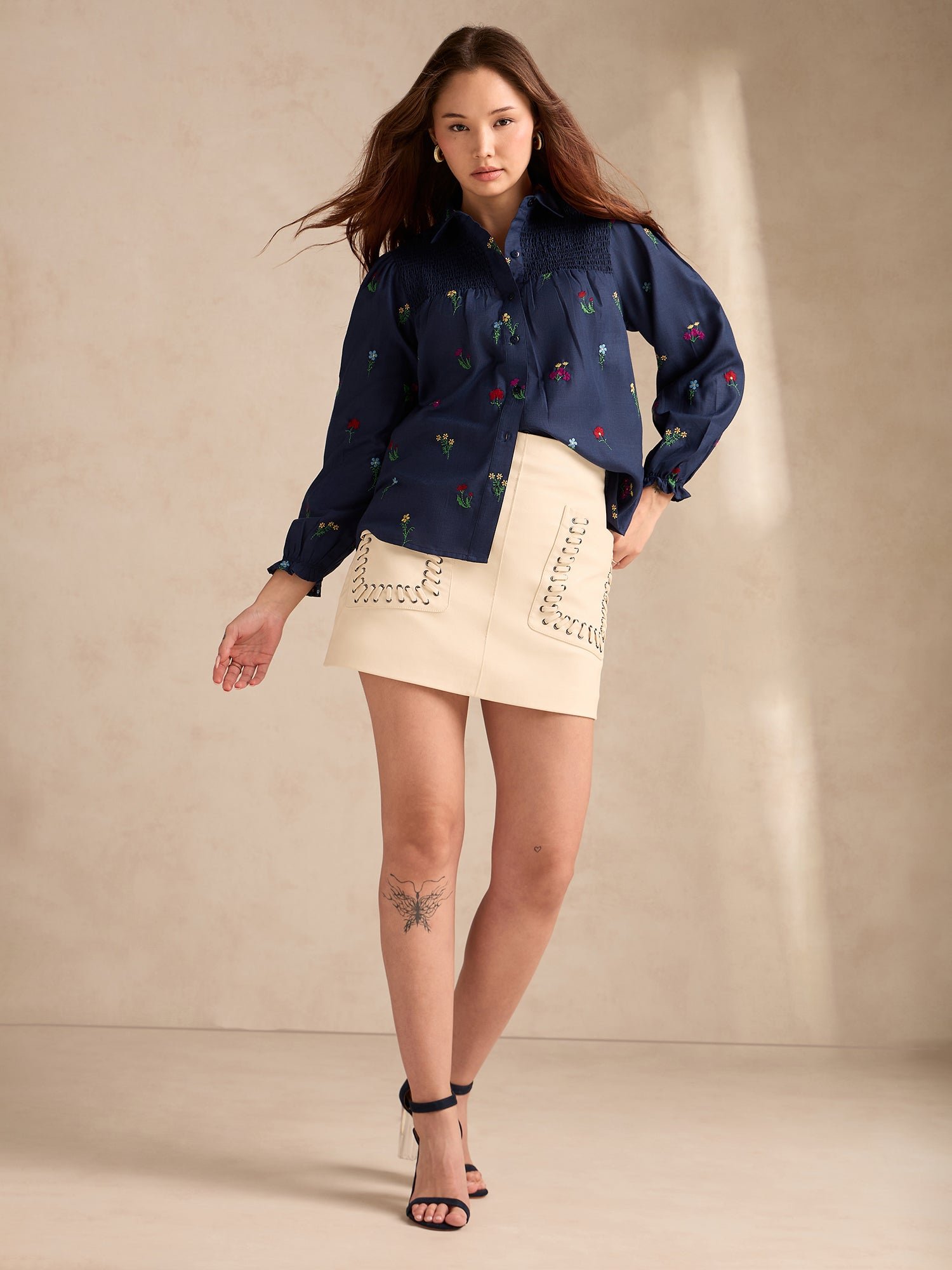 Navy Blue Embroidered Long Sleeve Shirt with Smocked Yoke