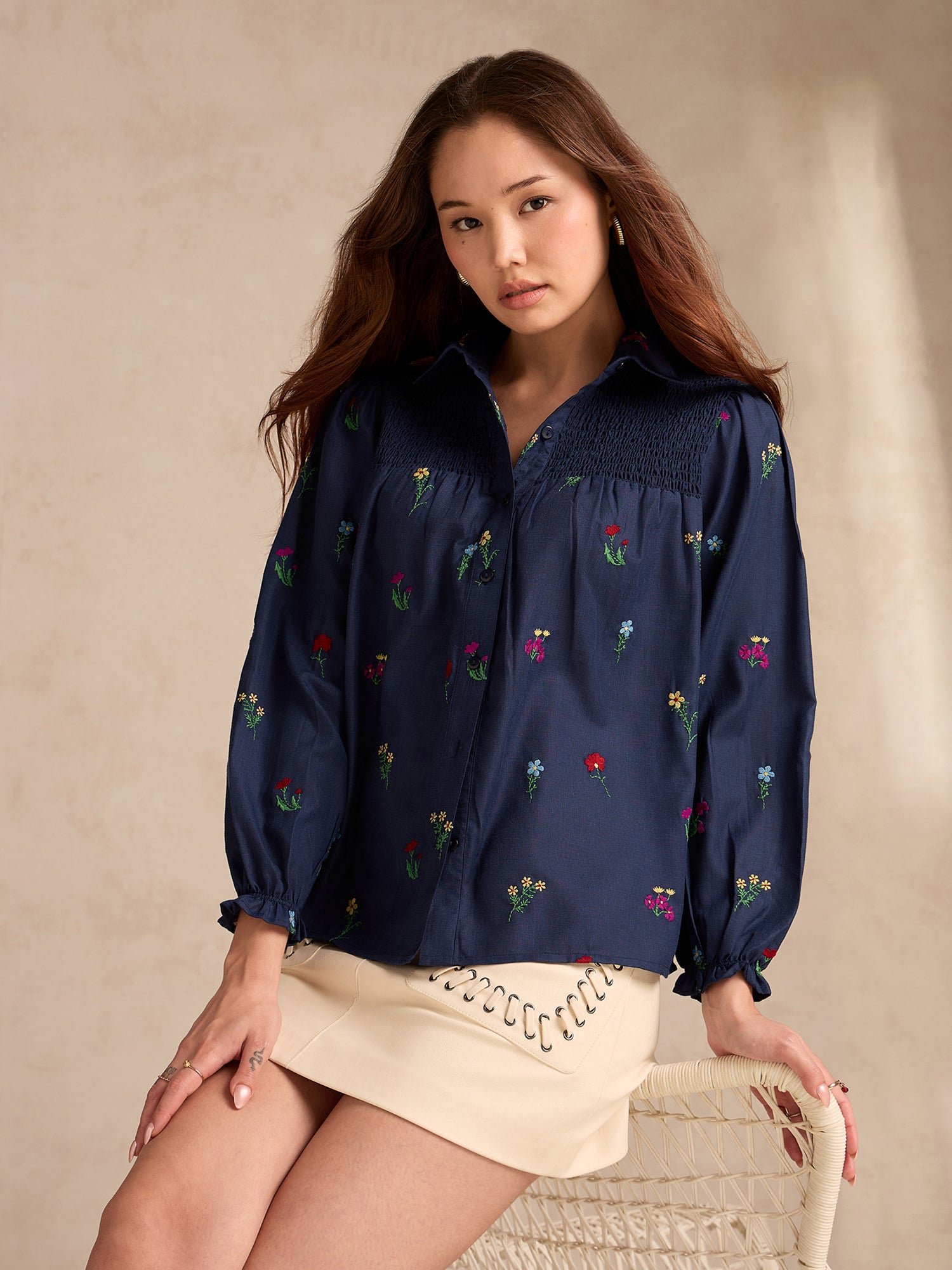 Navy Blue Embroidered Long Sleeve Shirt with Smocked Yoke