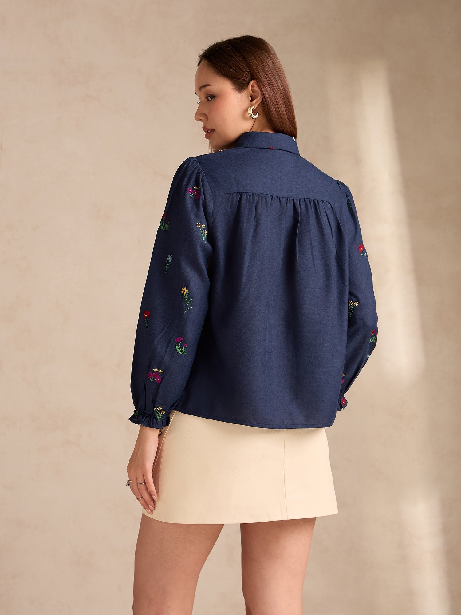 Navy Blue Embroidered Long Sleeve Shirt with Smocked Yoke