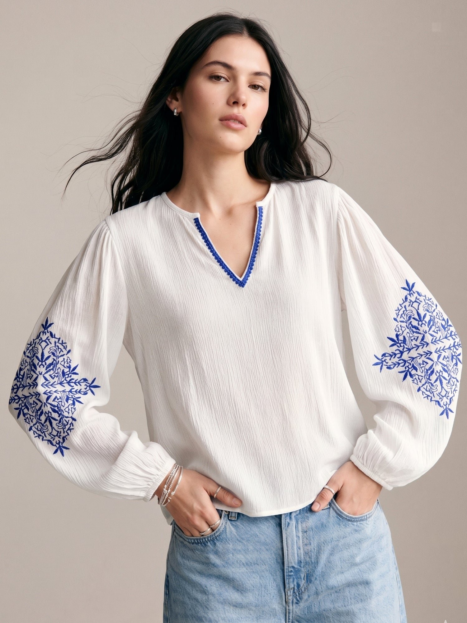 Embroidered Long Sleeve White Blouse