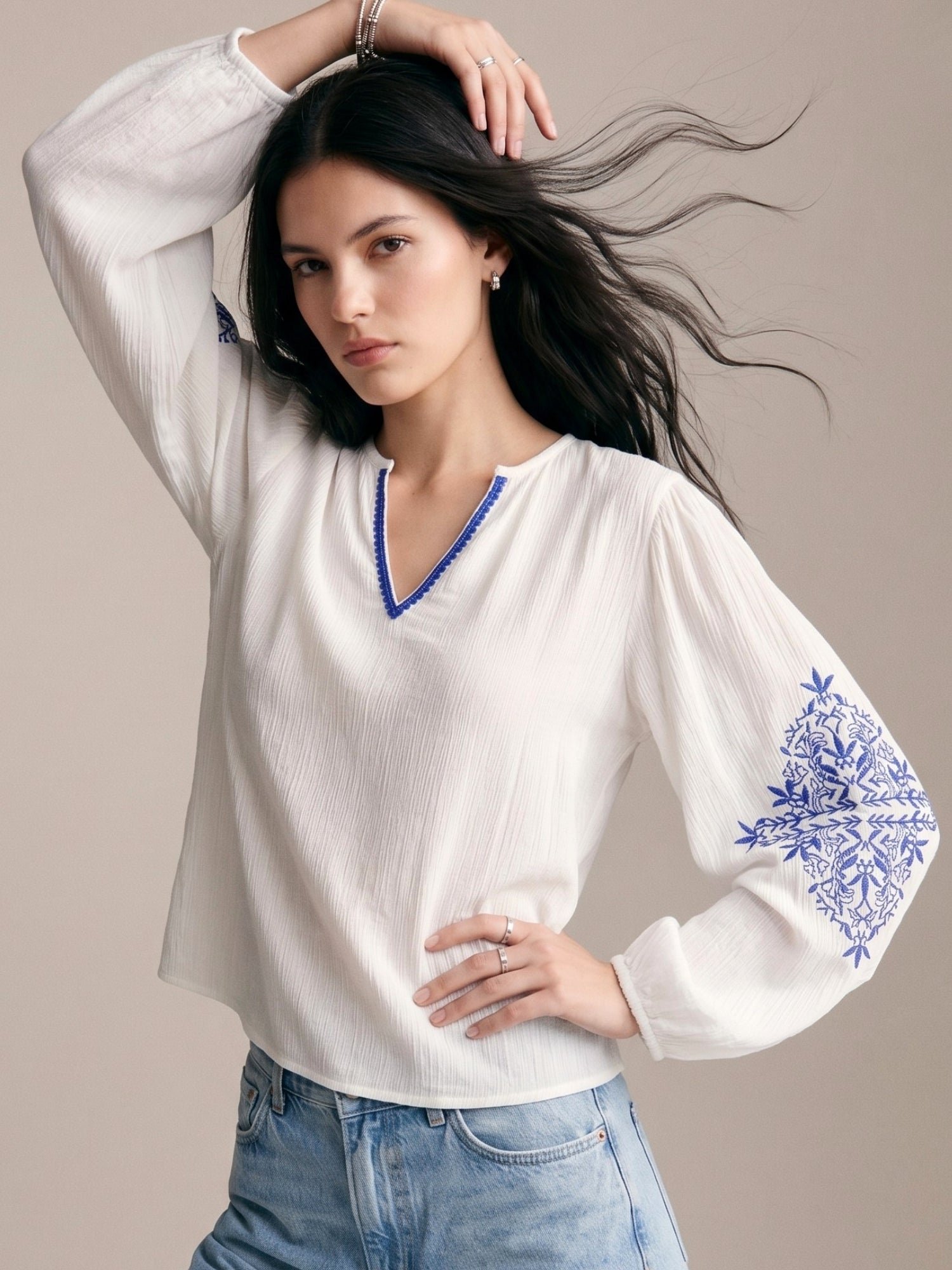 Embroidered Long Sleeve White Blouse