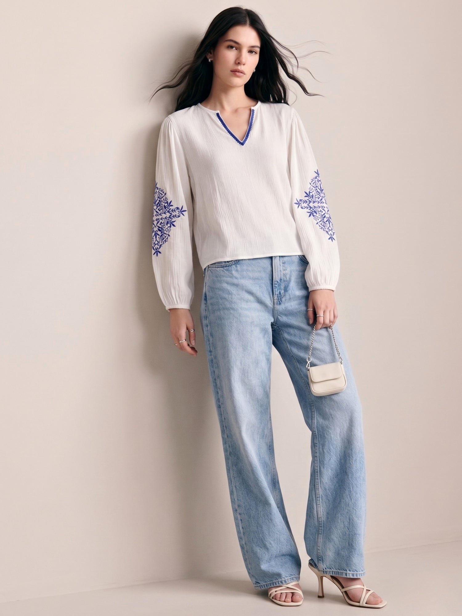 Embroidered Long Sleeve White Blouse