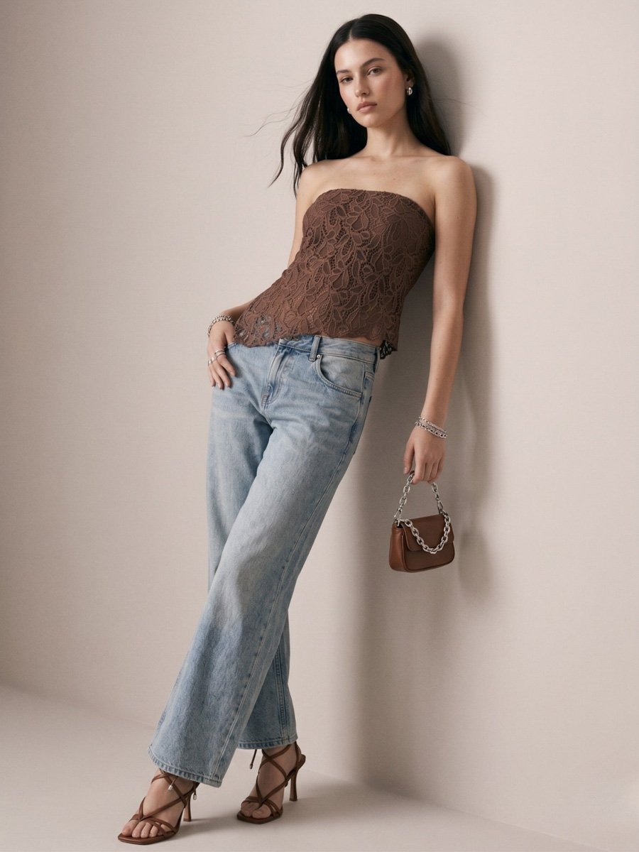 Brown Tube Asymmetric Neck Lace Top