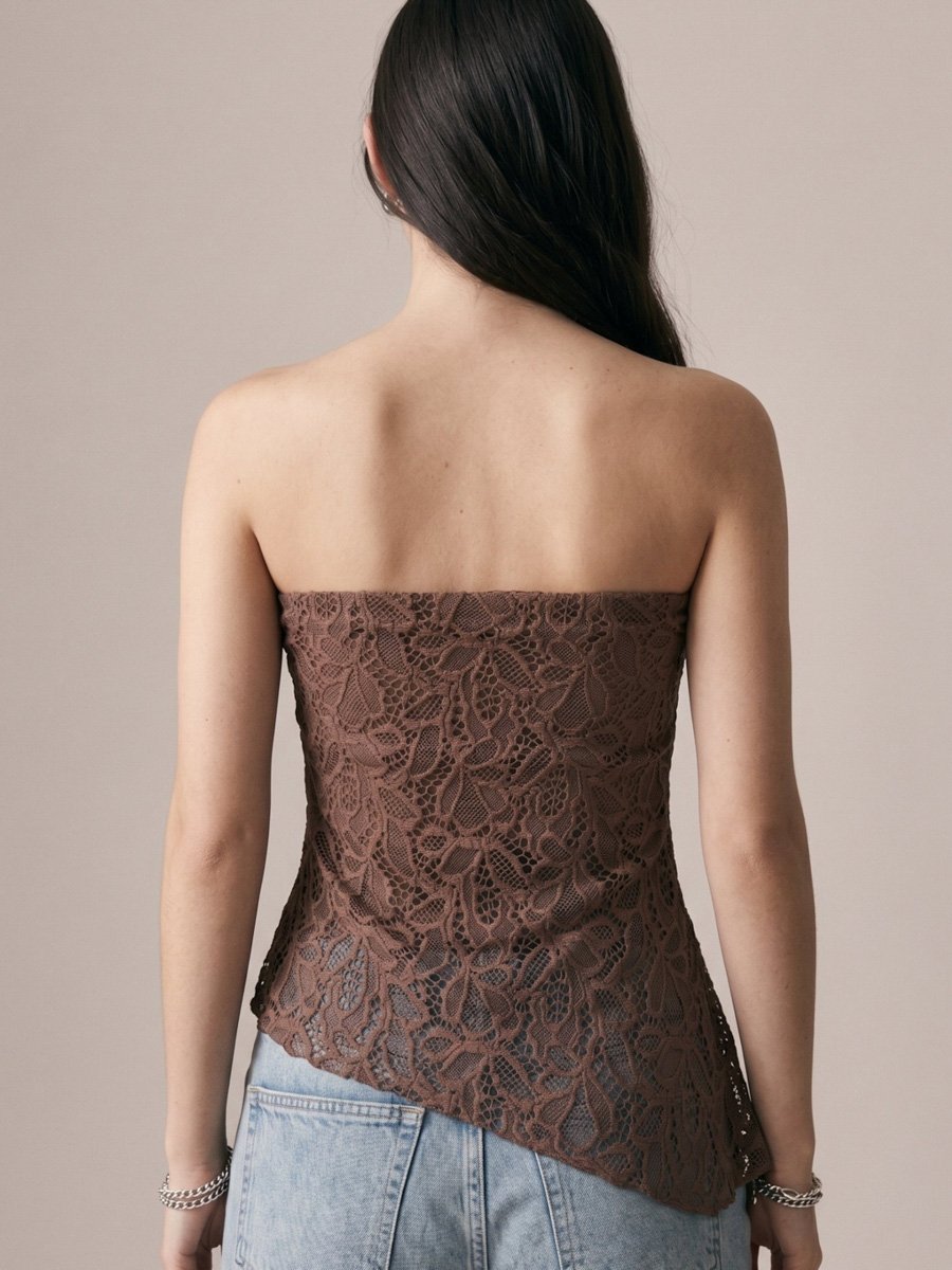 Brown Tube Asymmetric Neck Lace Top