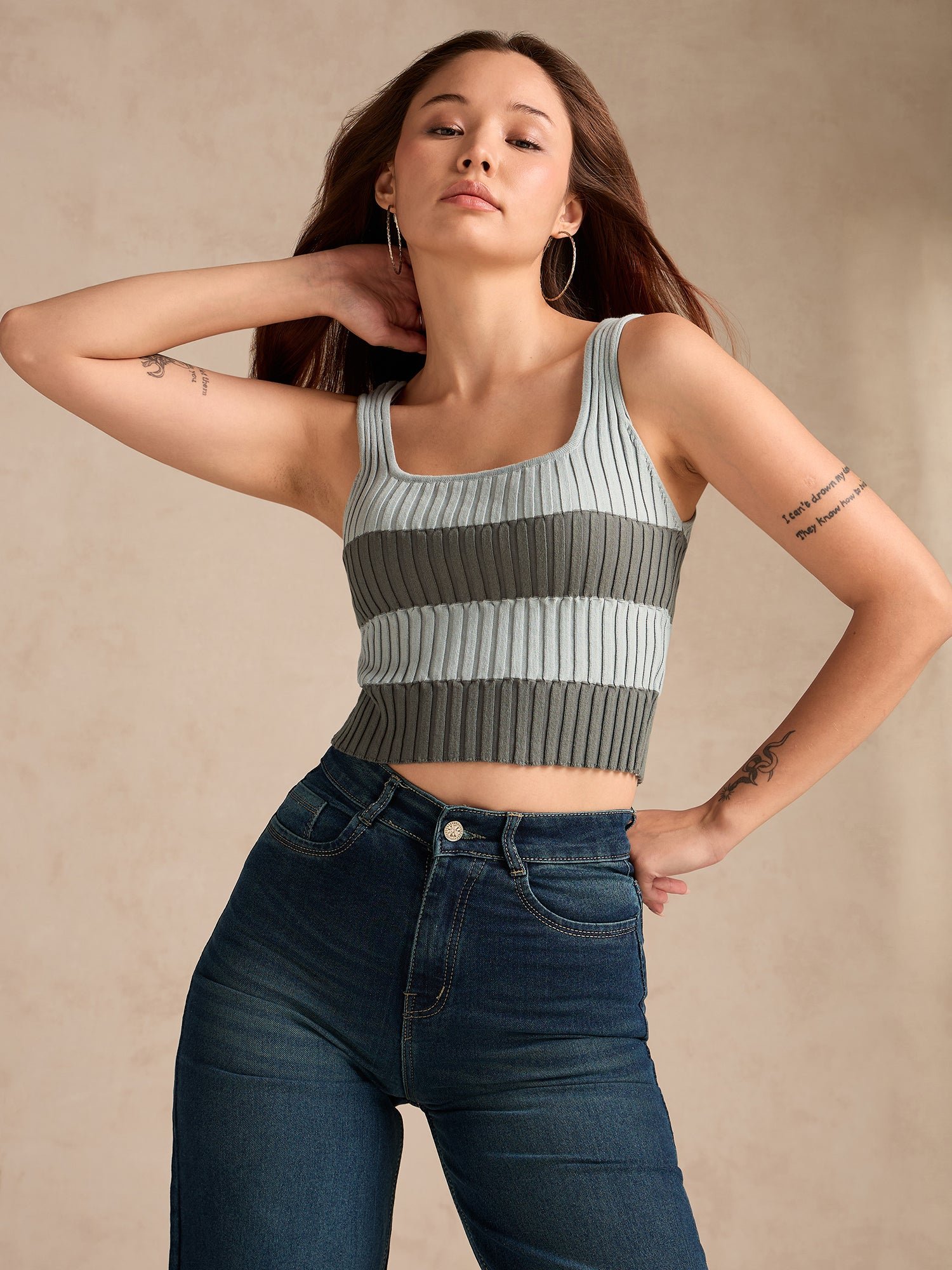Grey Sleeveless Square Neck Ribbed Tank Top