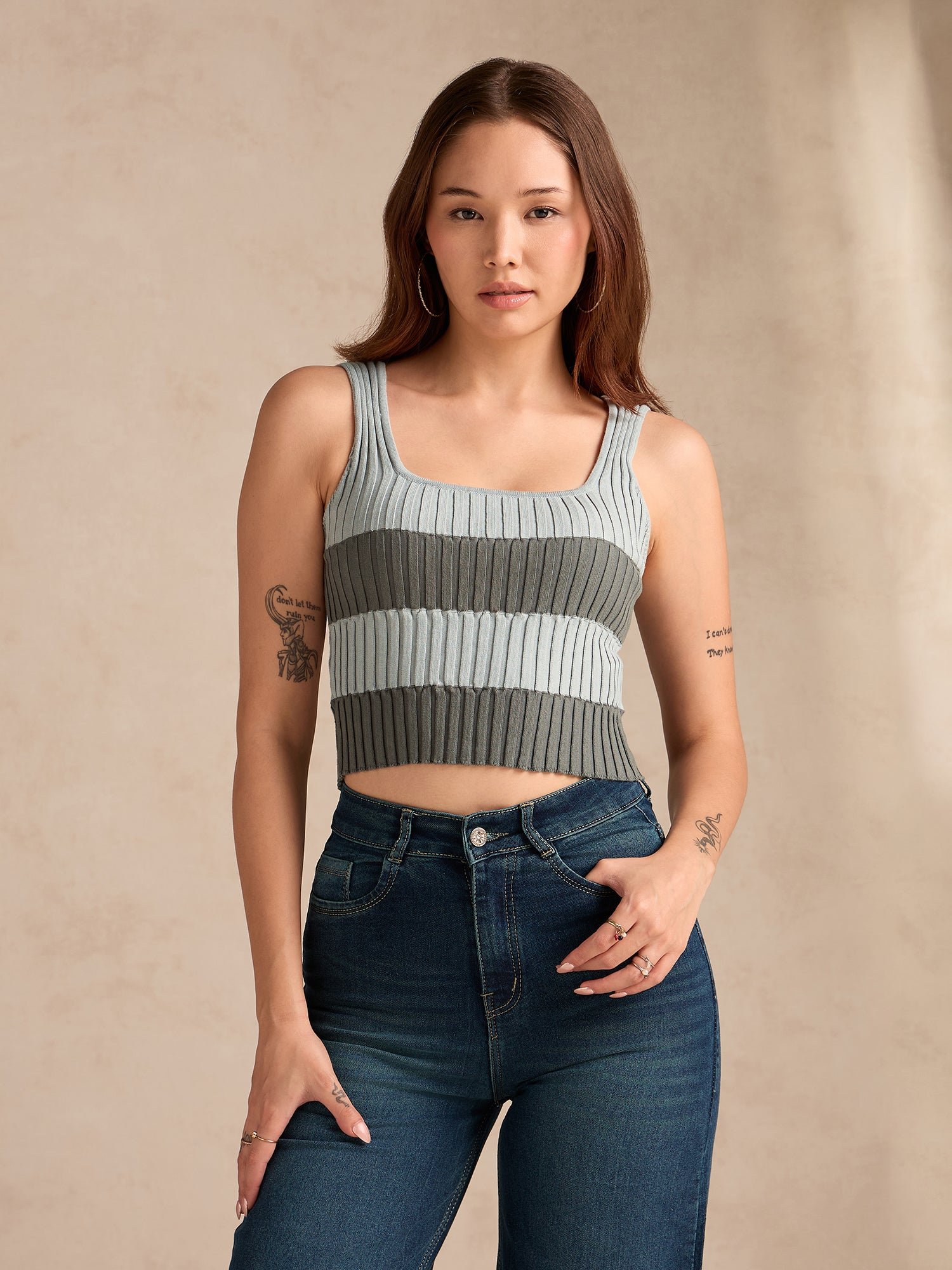 Grey Sleeveless Square Neck Ribbed Tank Top