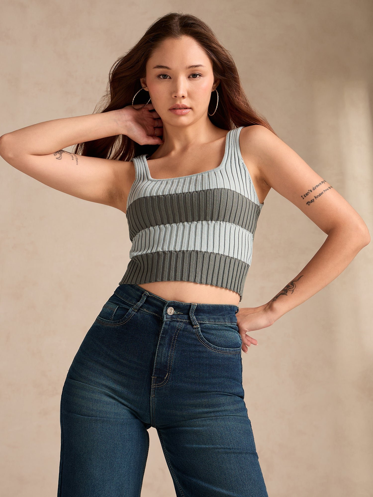 Grey Sleeveless Square Neck Ribbed Tank Top