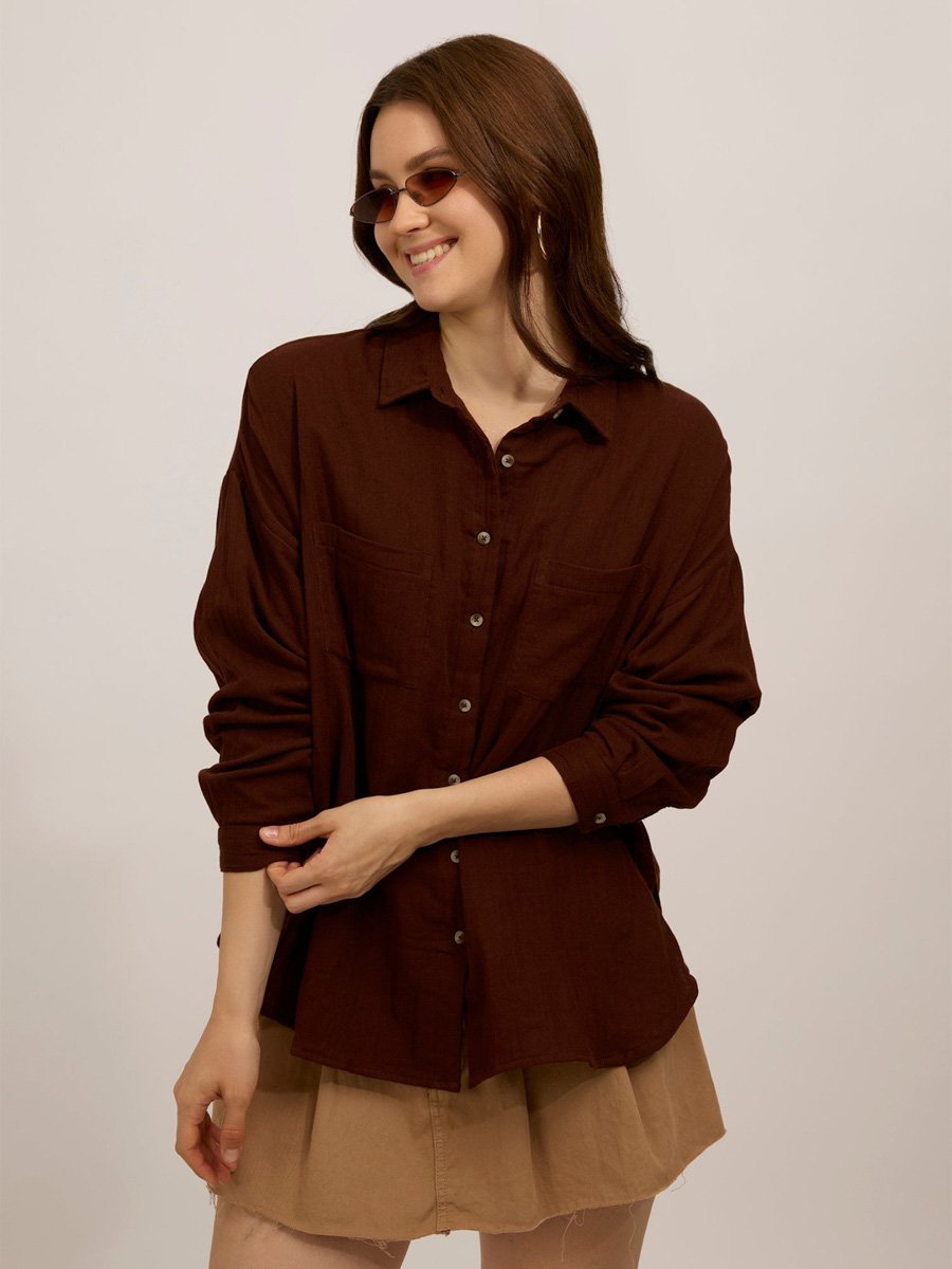 Brown Oversized Long Sleeve Shirt with Pockets