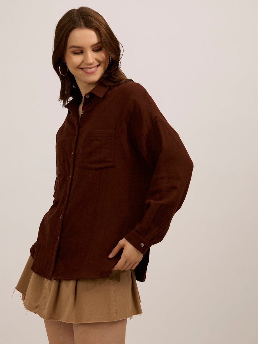 Brown Oversized Long Sleeve Shirt with Pockets