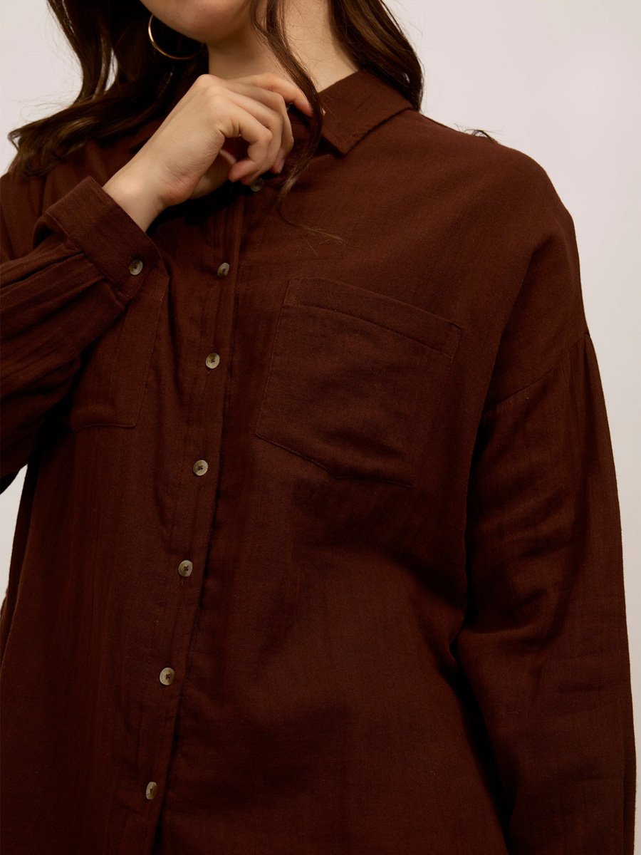 Brown Oversized Long Sleeve Shirt with Pockets