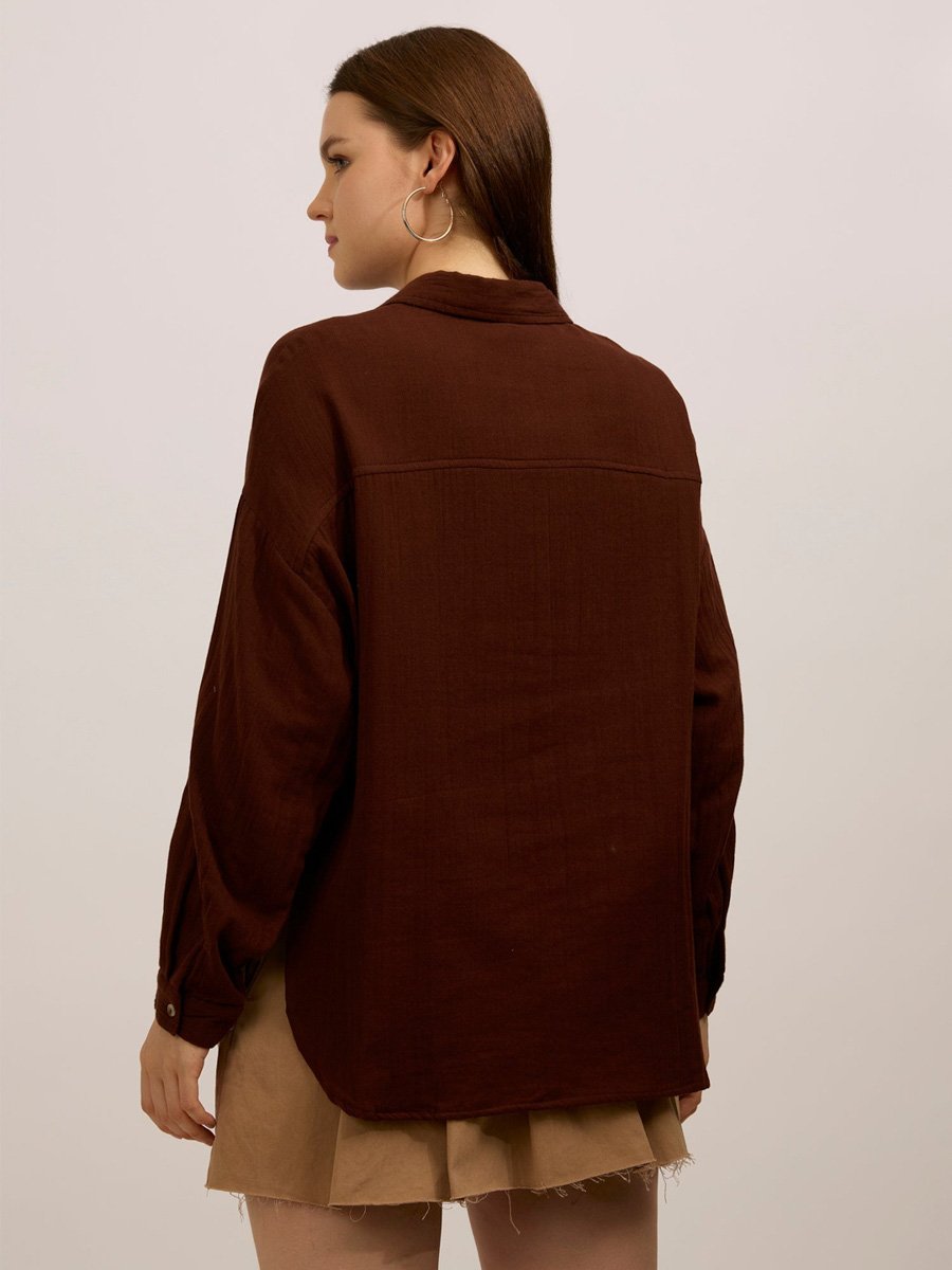 Brown Oversized Long Sleeve Shirt with Pockets