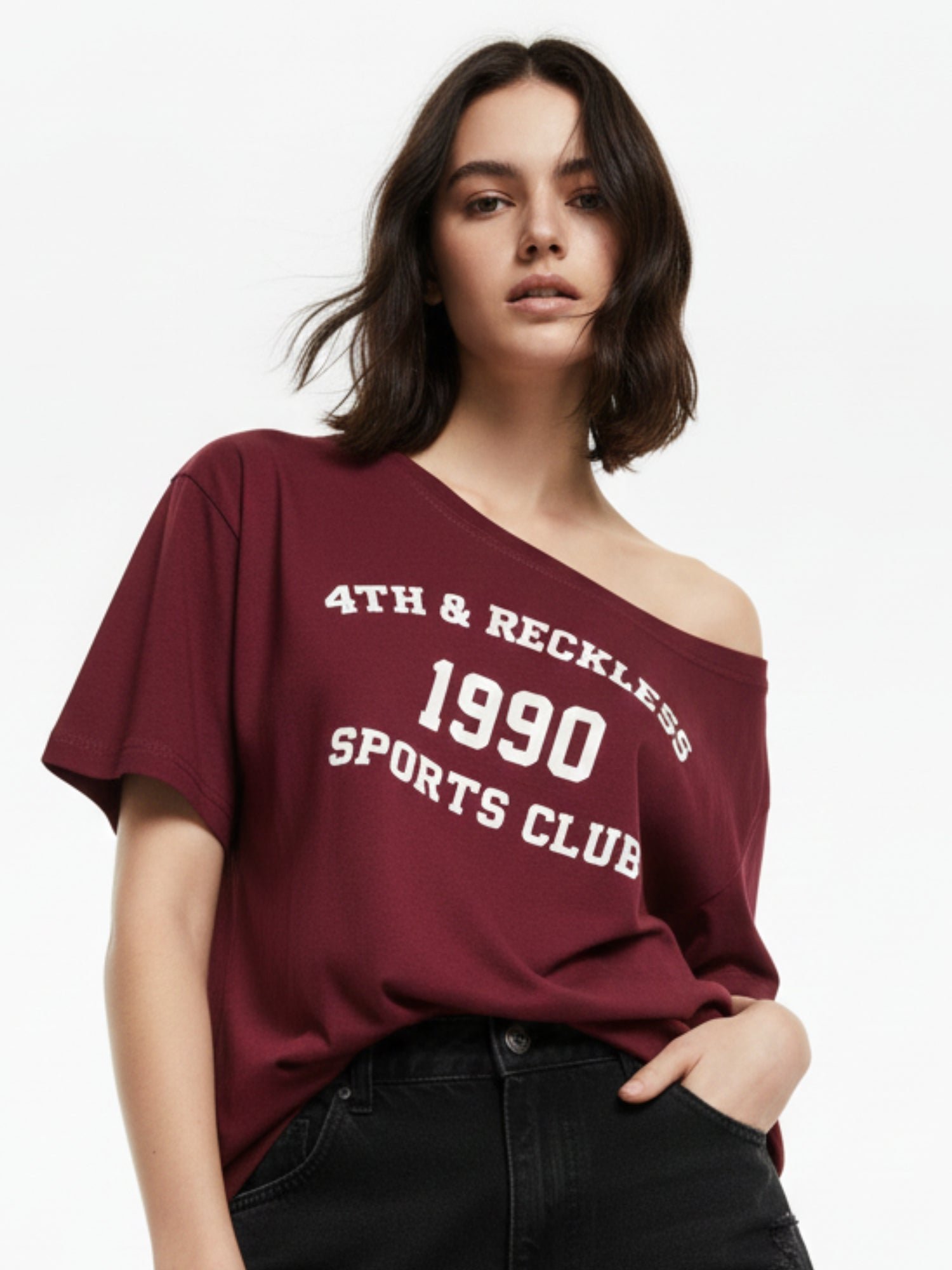 Maroon Short Sleeve Off-Shoulder Graphic T-Shirt
