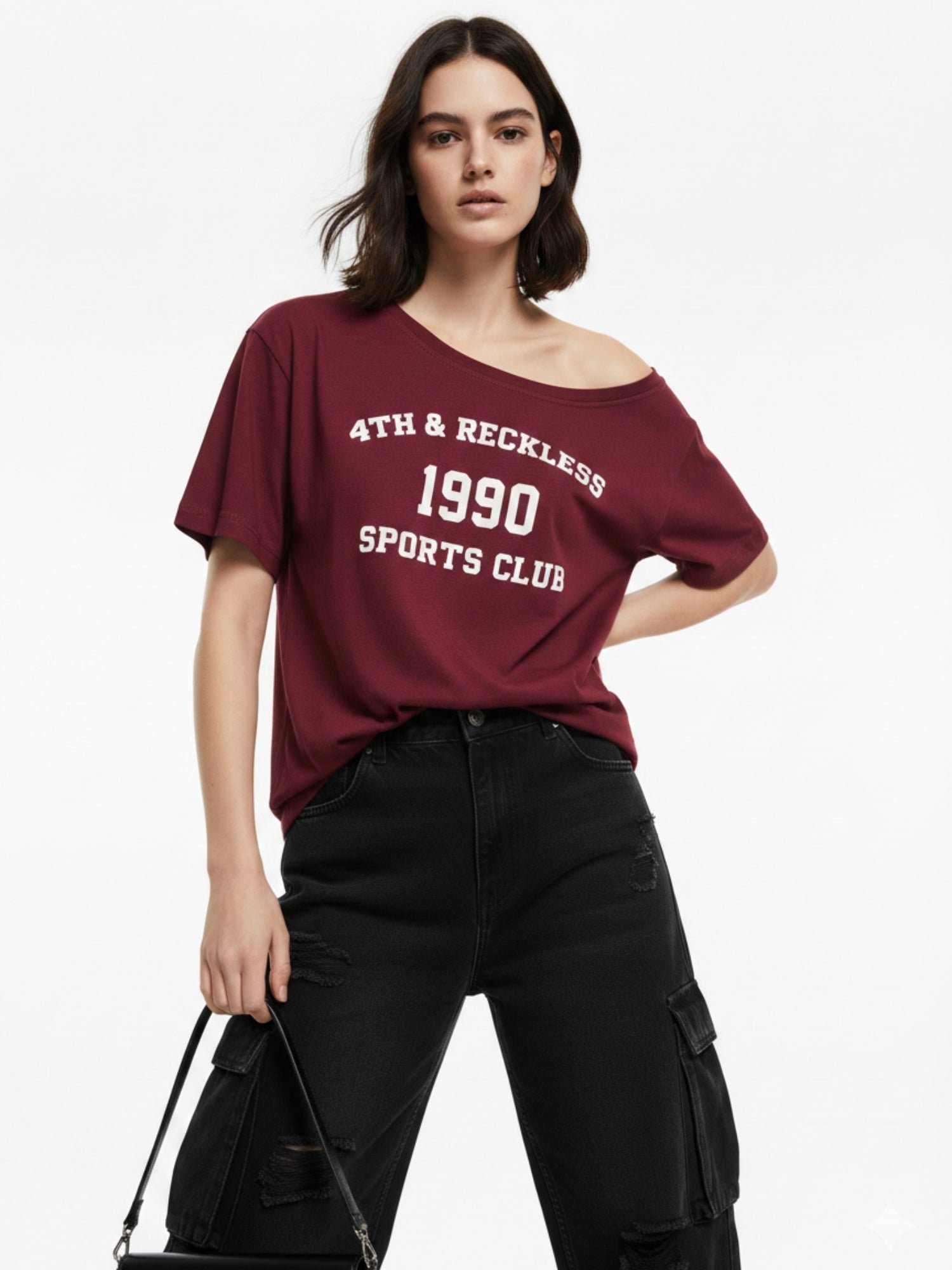Maroon Short Sleeve Off-Shoulder Graphic T-Shirt