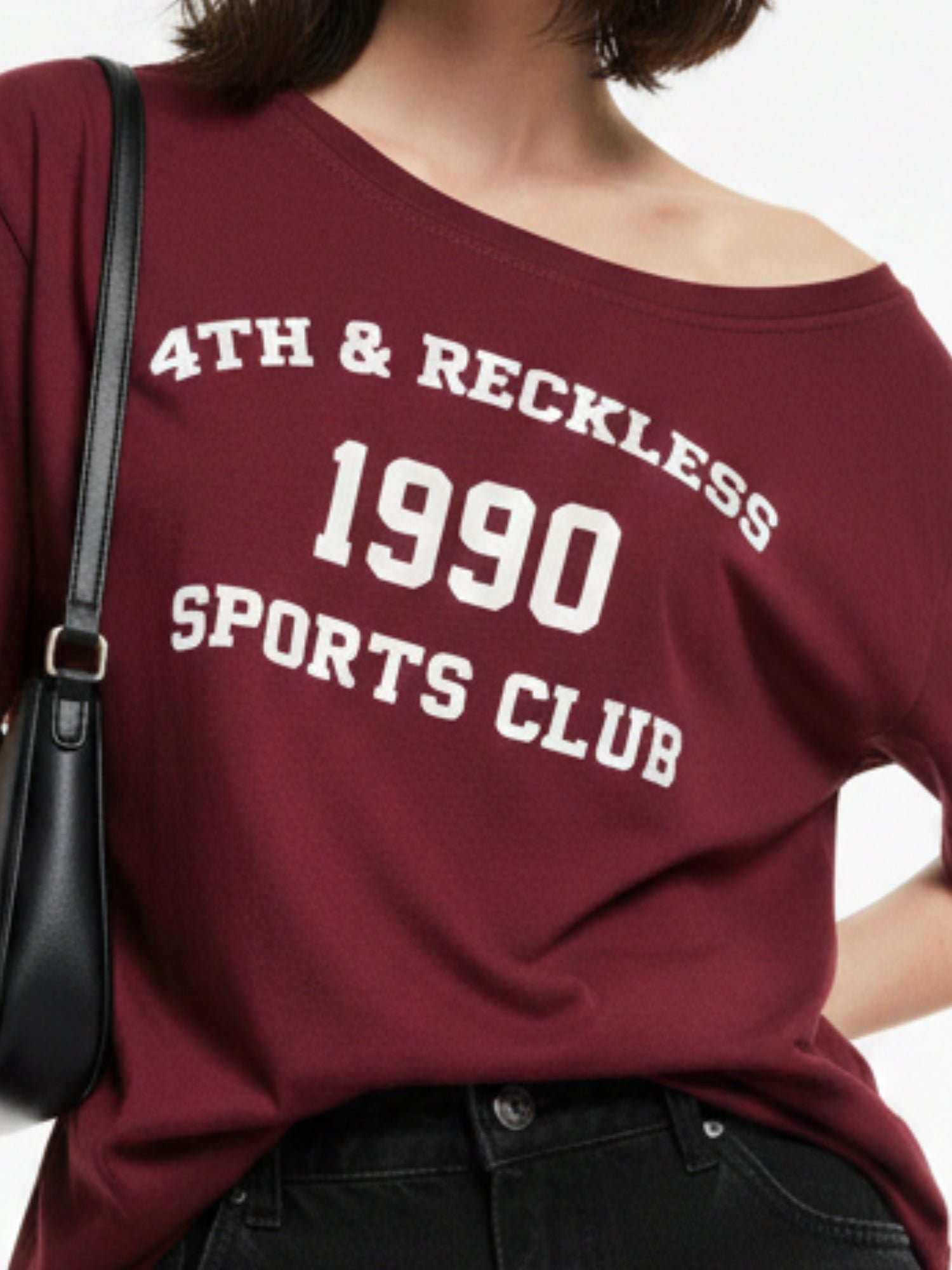 Maroon Short Sleeve Off-Shoulder Graphic T-Shirt
