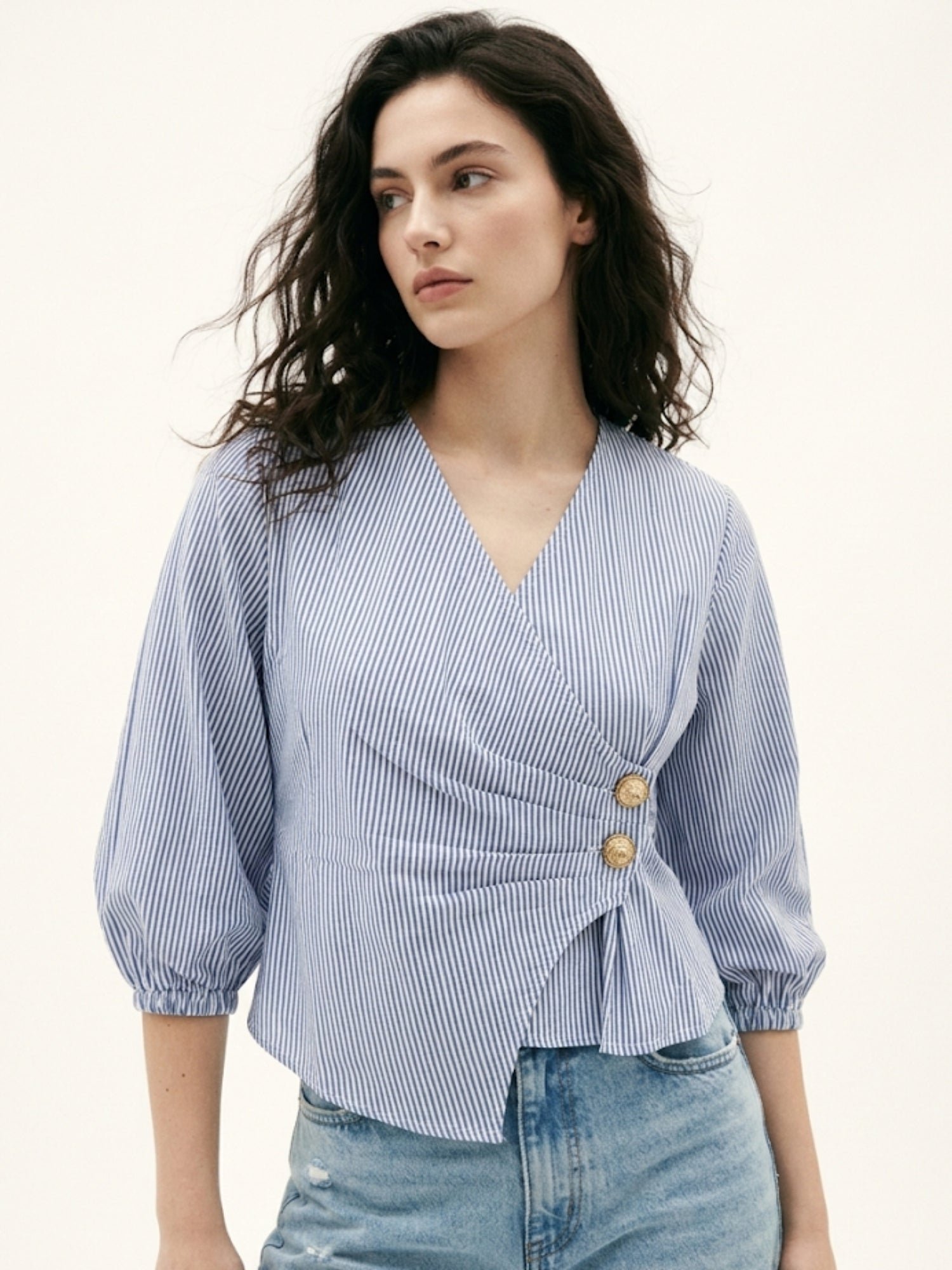 Blue Striped 3/4 Sleeve Wrap Blouse