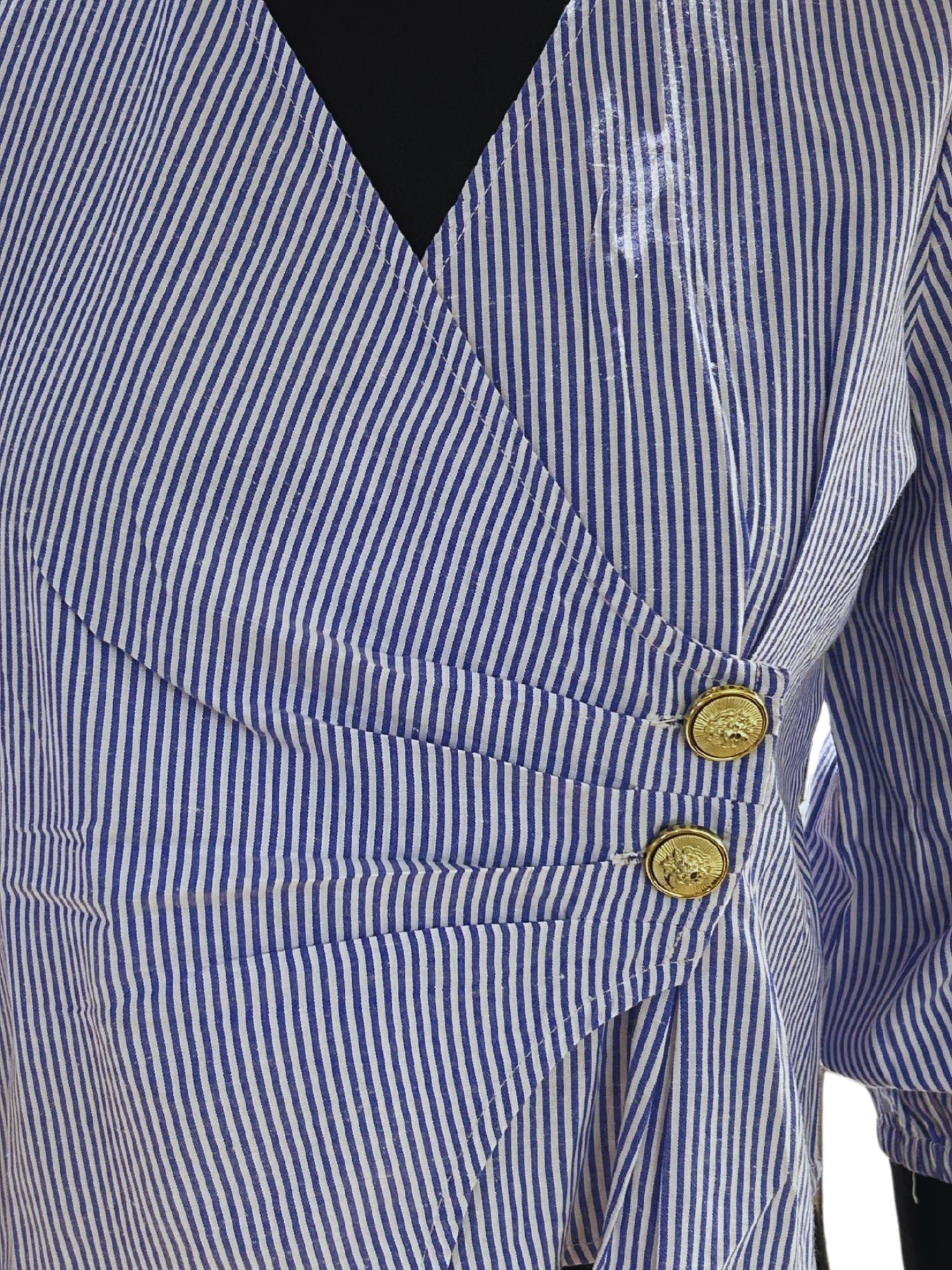 Blue Striped 3/4 Sleeve Wrap Blouse