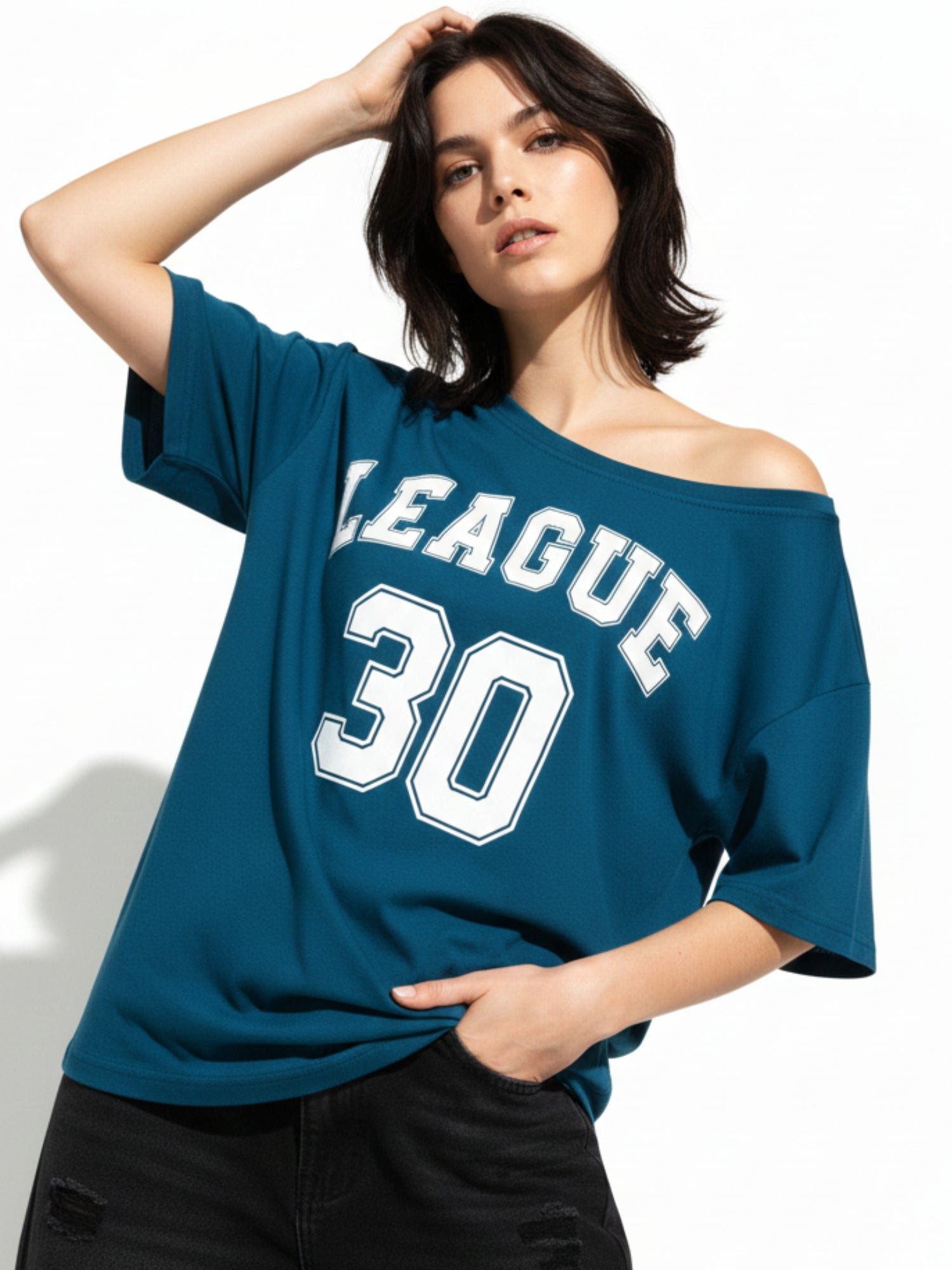 Teal Off-Shoulder Short Sleeve Graphic T-Shirt