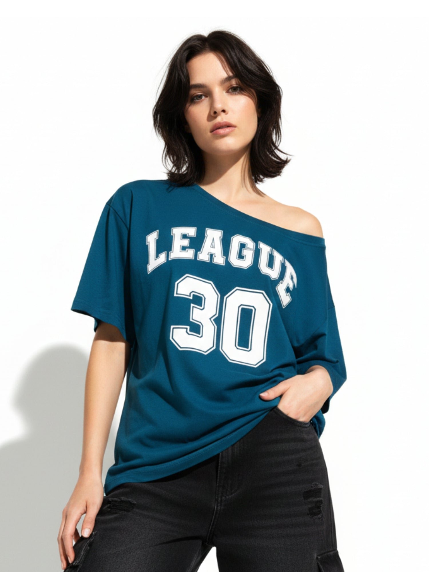 Teal Off-Shoulder Short Sleeve Graphic T-Shirt