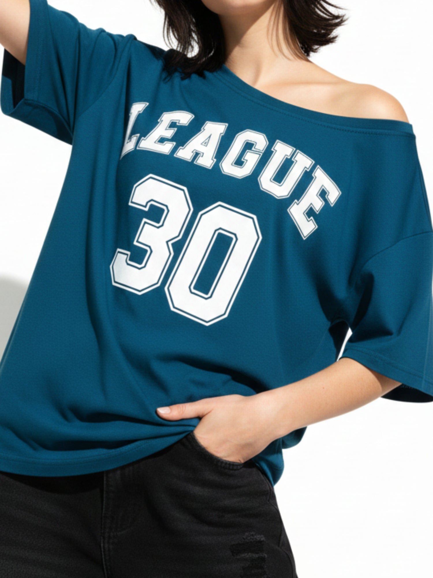 Teal Off-Shoulder Short Sleeve Graphic T-Shirt