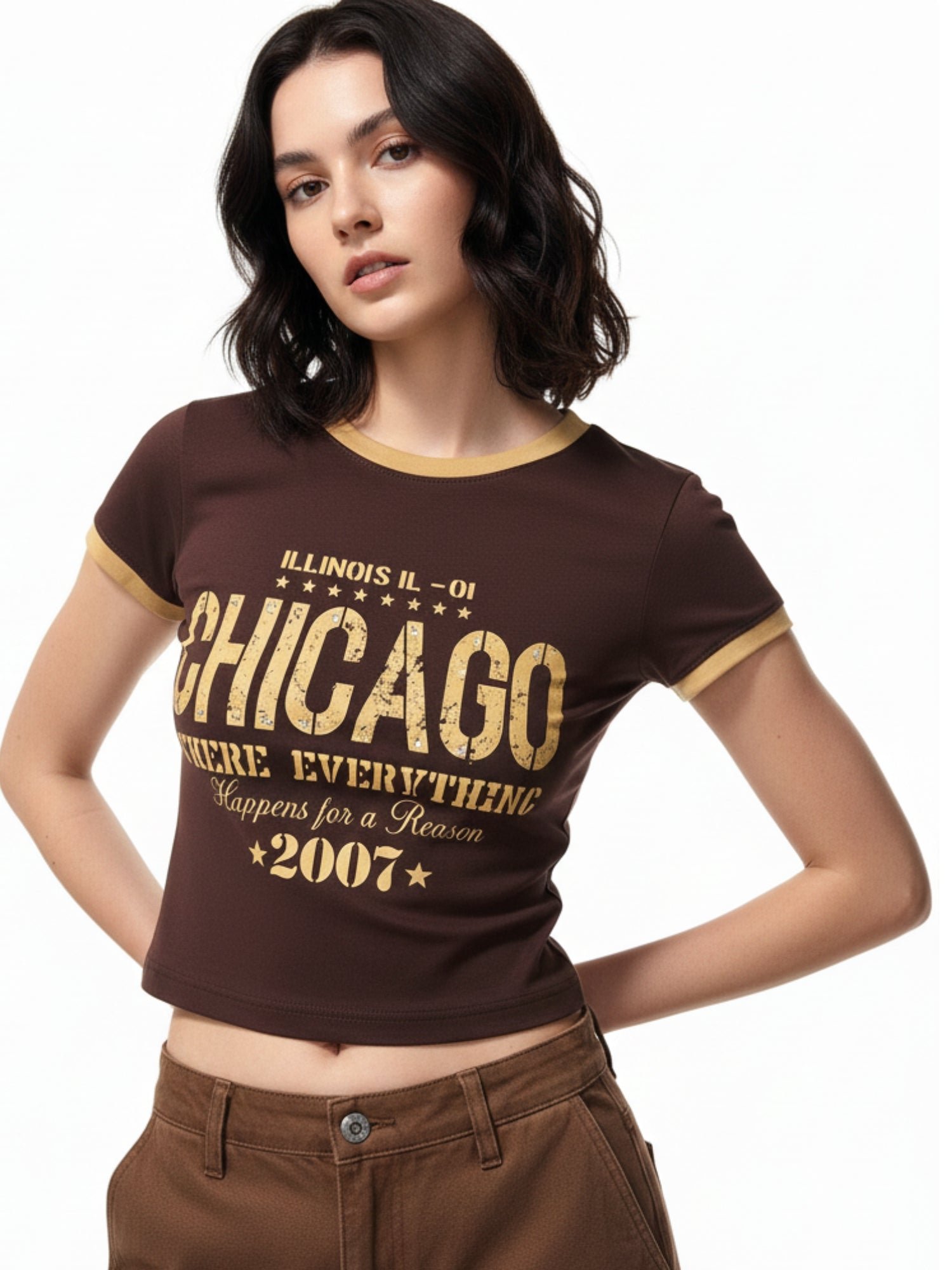 Brown Short Sleeve Graphic T-Shirt with Chicago Print