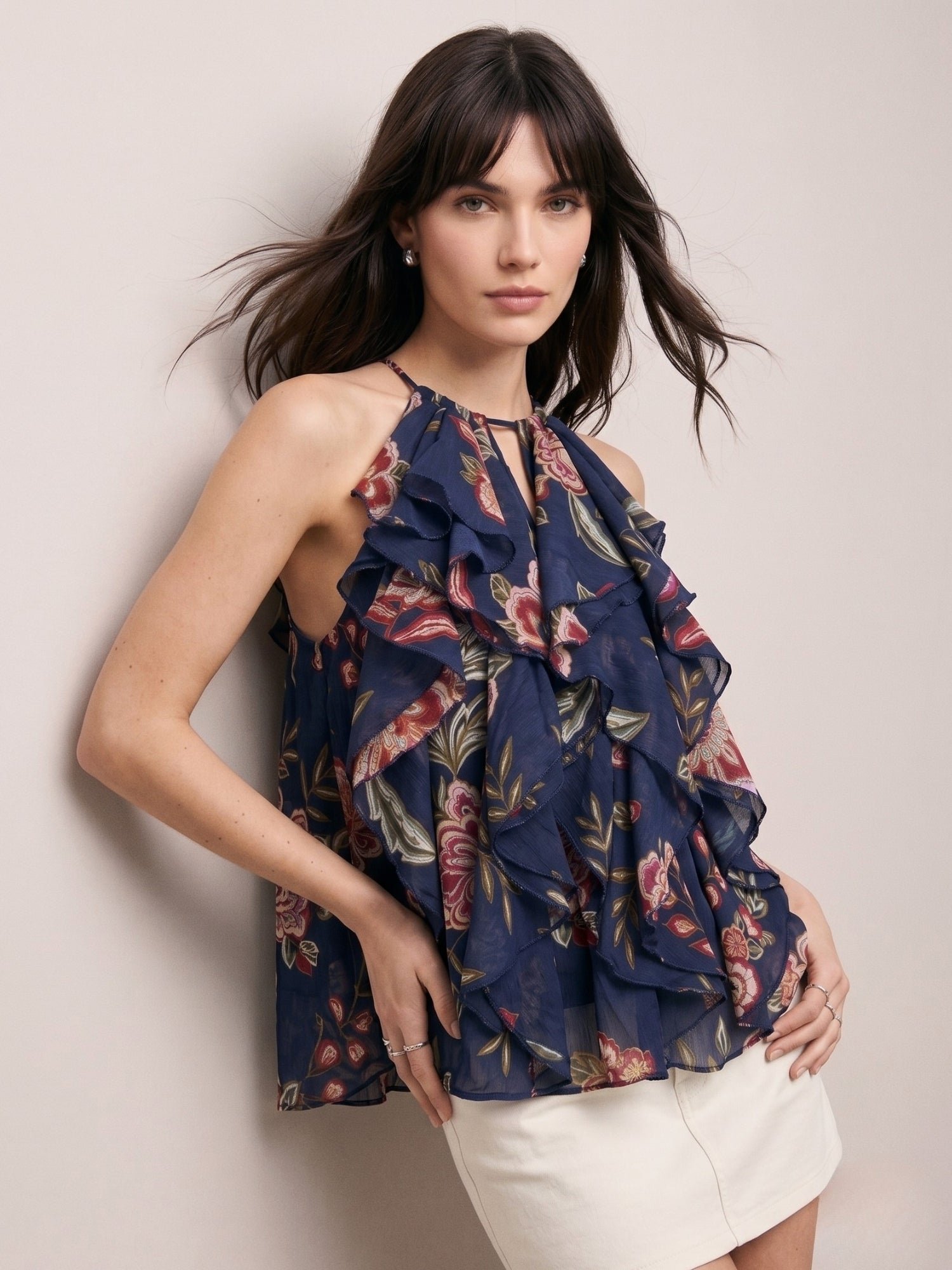 Navy Blue Floral Ruffled Sleeveless Blouse