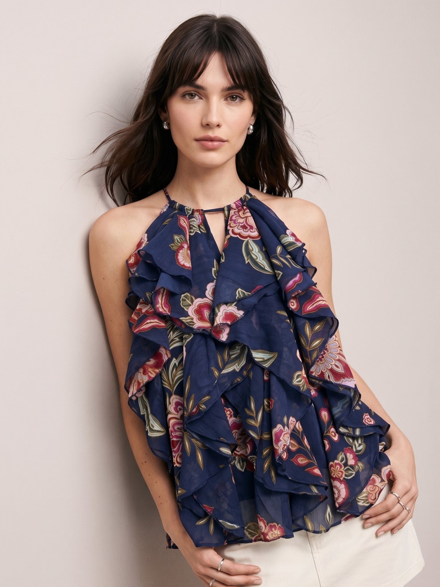 Navy Blue Floral Ruffled Sleeveless Blouse