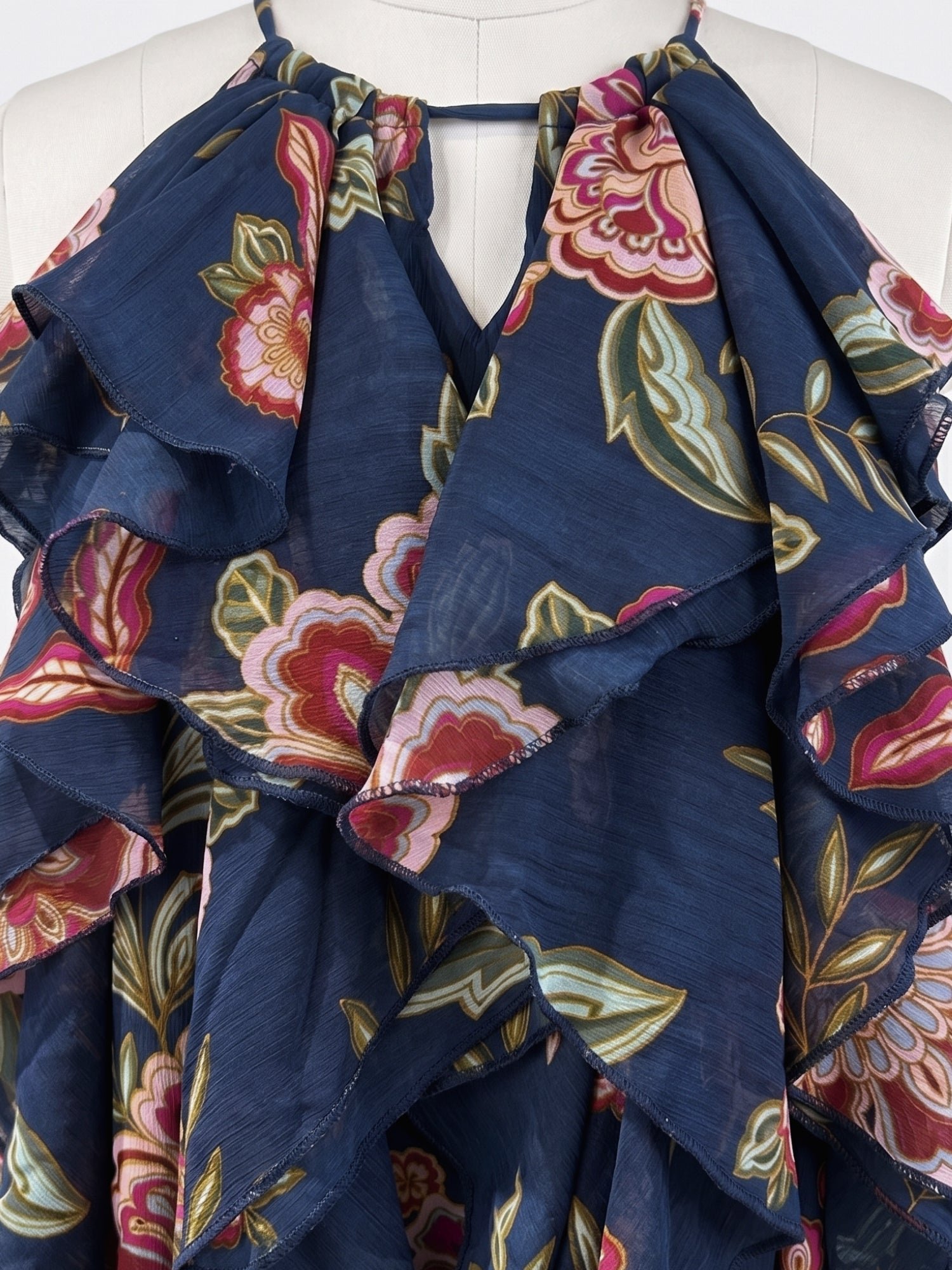 Navy Blue Floral Ruffled Sleeveless Blouse
