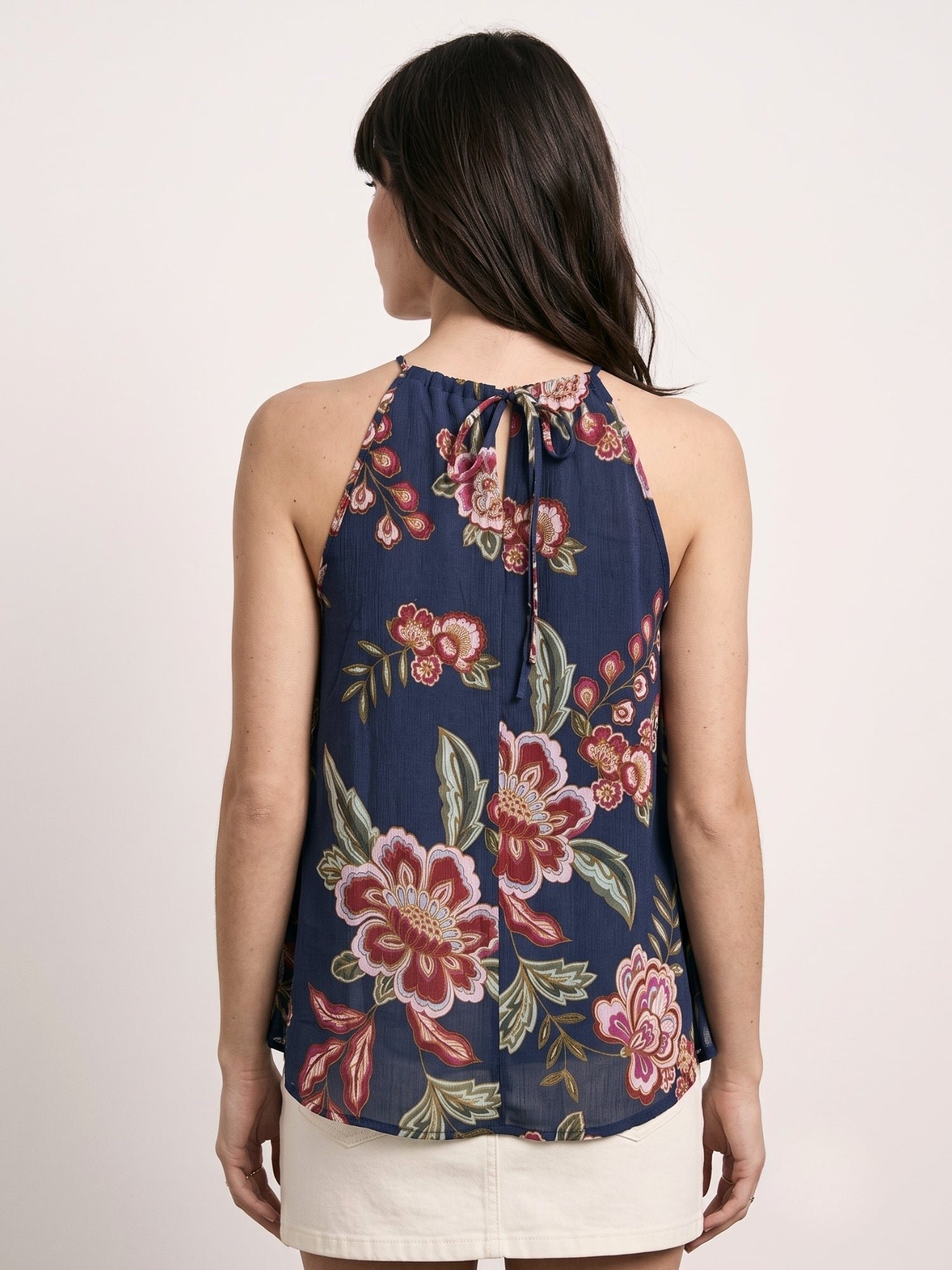 Navy Blue Floral Ruffled Sleeveless Blouse
