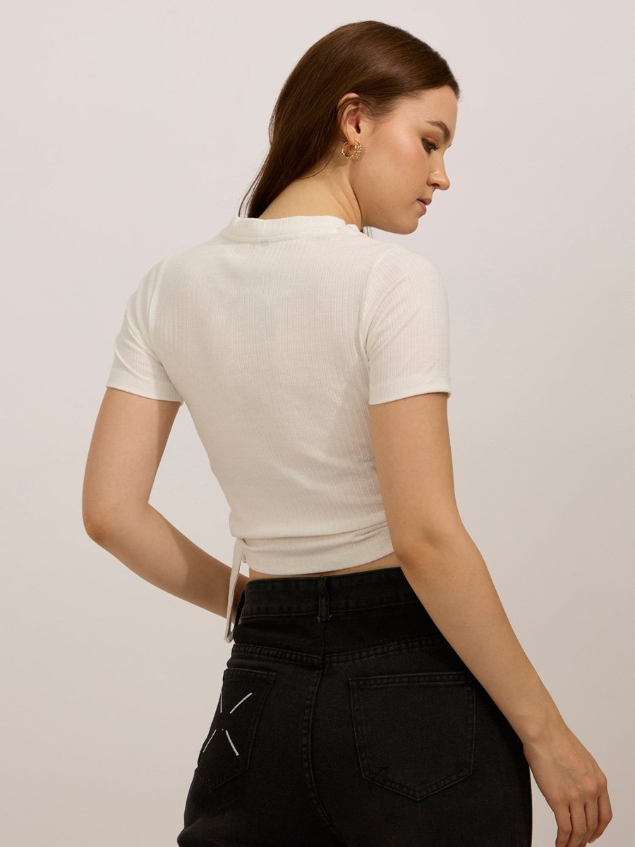 White Side Tie Up Ruched Top