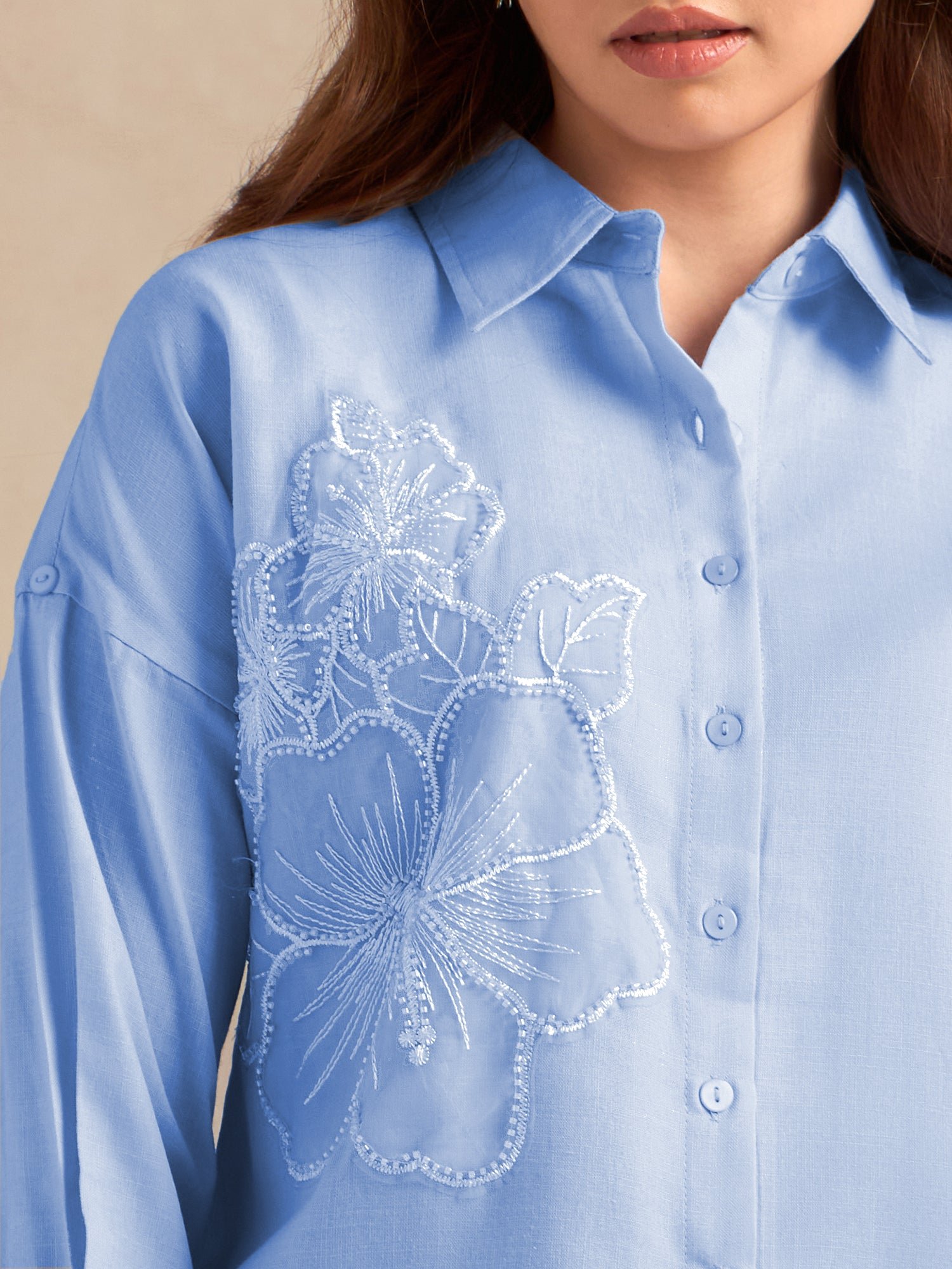 Sky Blue Embroidered Short Sleeve Shirt