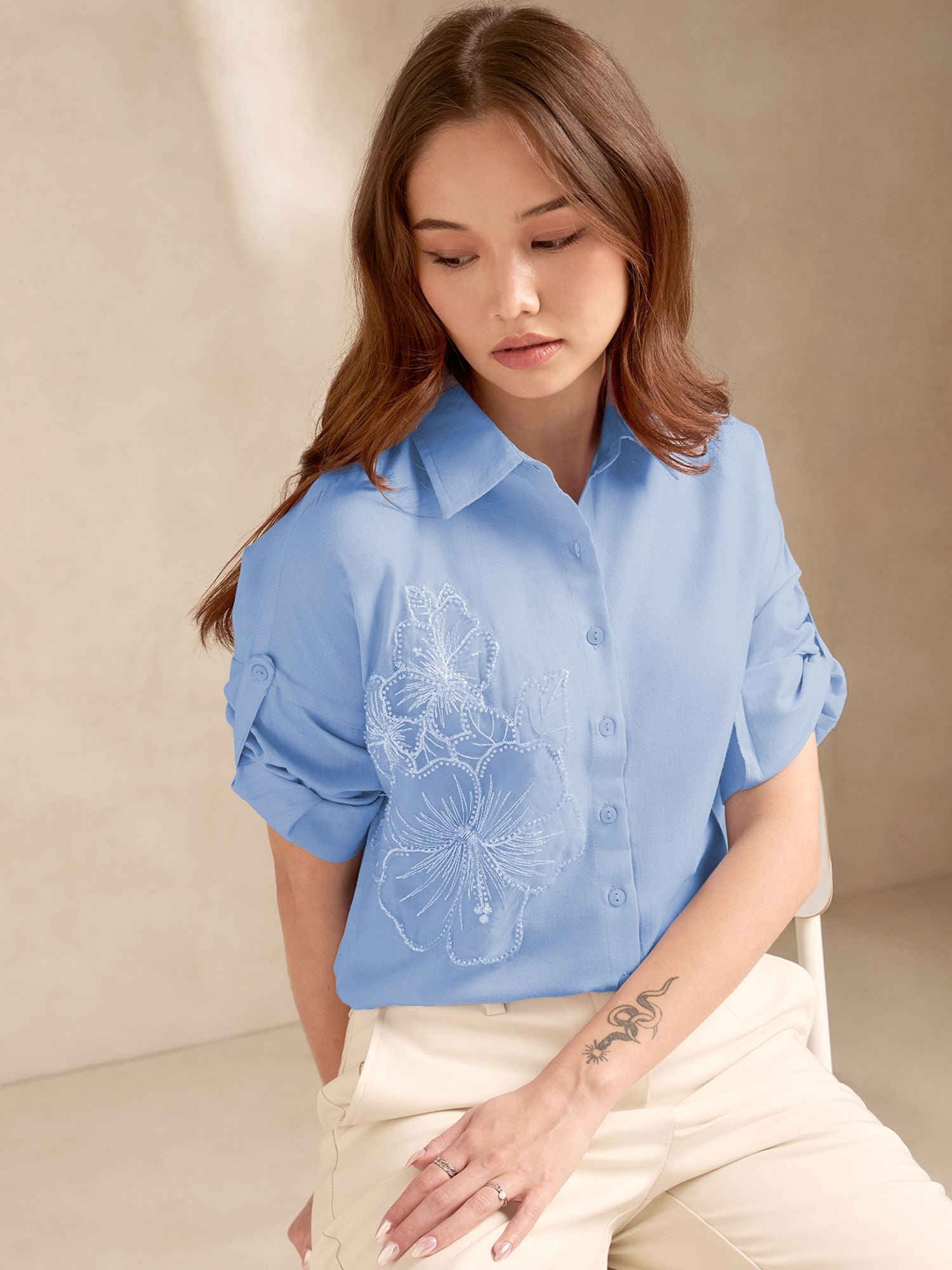Sky Blue Embroidered Short Sleeve Shirt